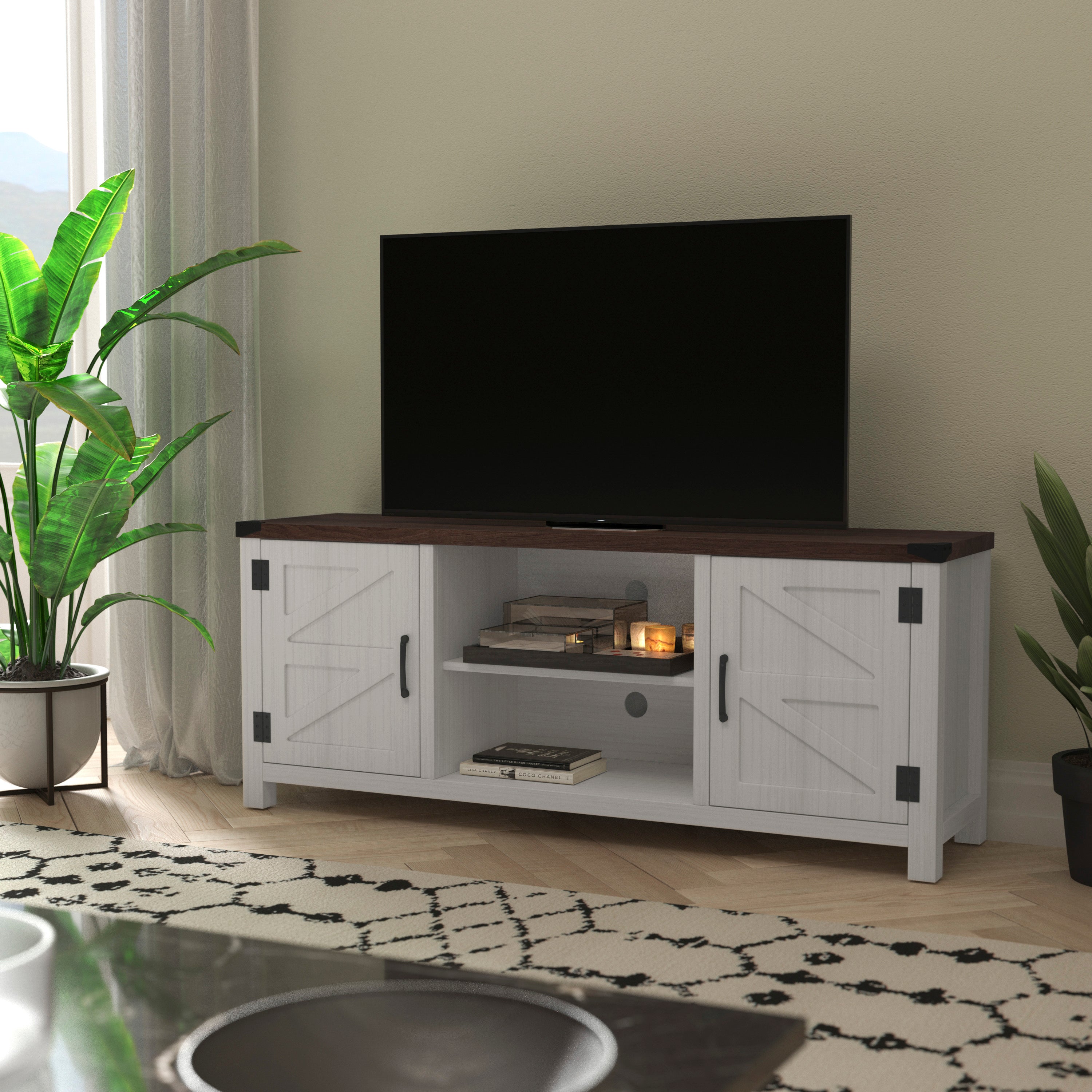 Charlotte Modern Farmhouse Barn Door TV Stand in White for TV's up to 65 Inches - 59 Inch Entertainment Center with Adjustable Shelf