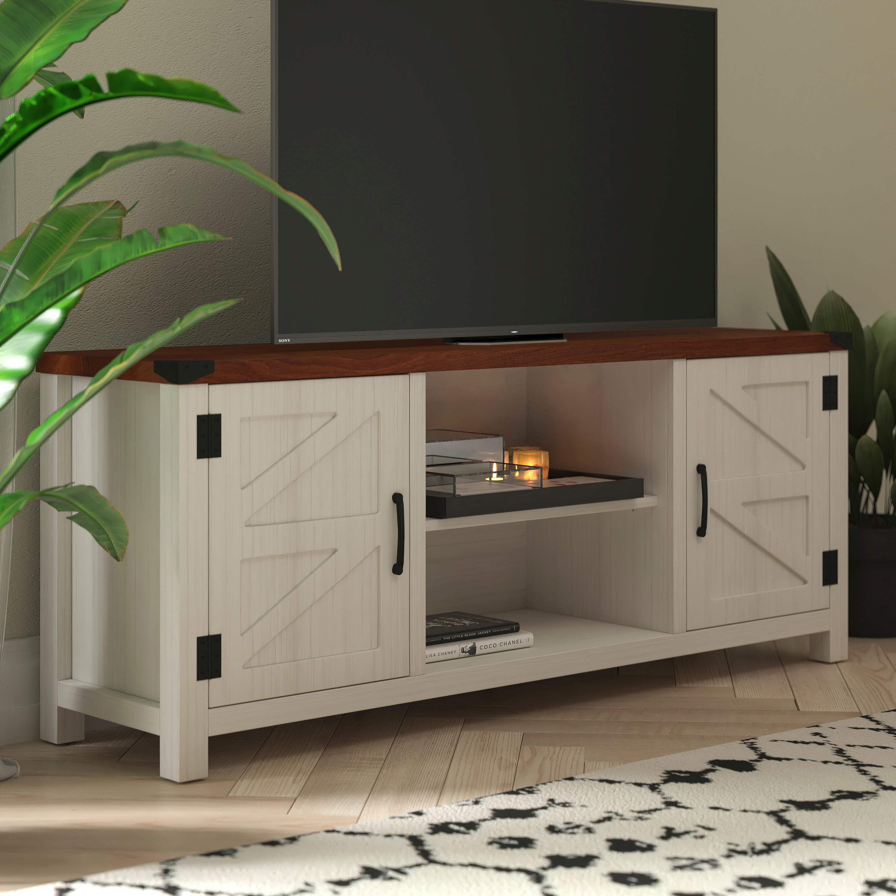 Charlotte Modern Farmhouse Barn Door TV Stand in White for TV's up to 65 Inches - 59 Inch Entertainment Center with Adjustable Shelf