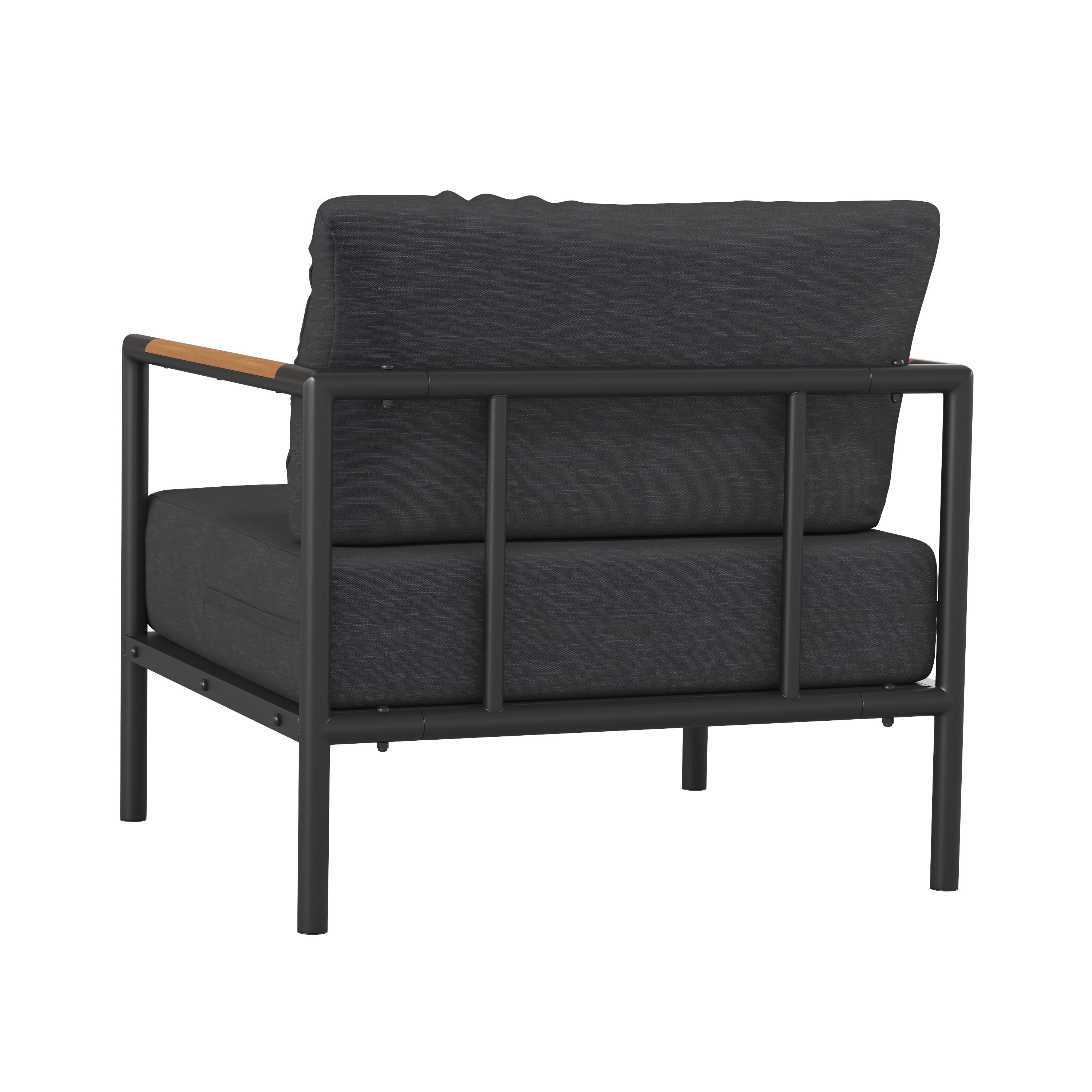Lea Indoor/Outdoor Patio Chair with Cushions - Modern Aluminum Framed Chair with Teak Accented Arms, Black with Charcoal Cushions