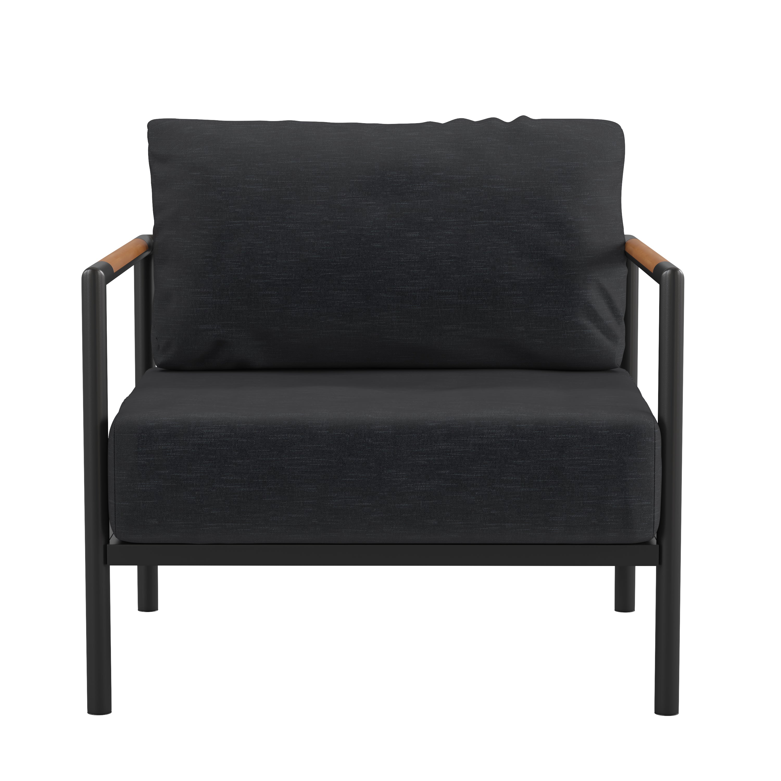 Lea Indoor/Outdoor Patio Chair with Cushions - Modern Aluminum Framed Chair with Teak Accented Arms, Black with Charcoal Cushions