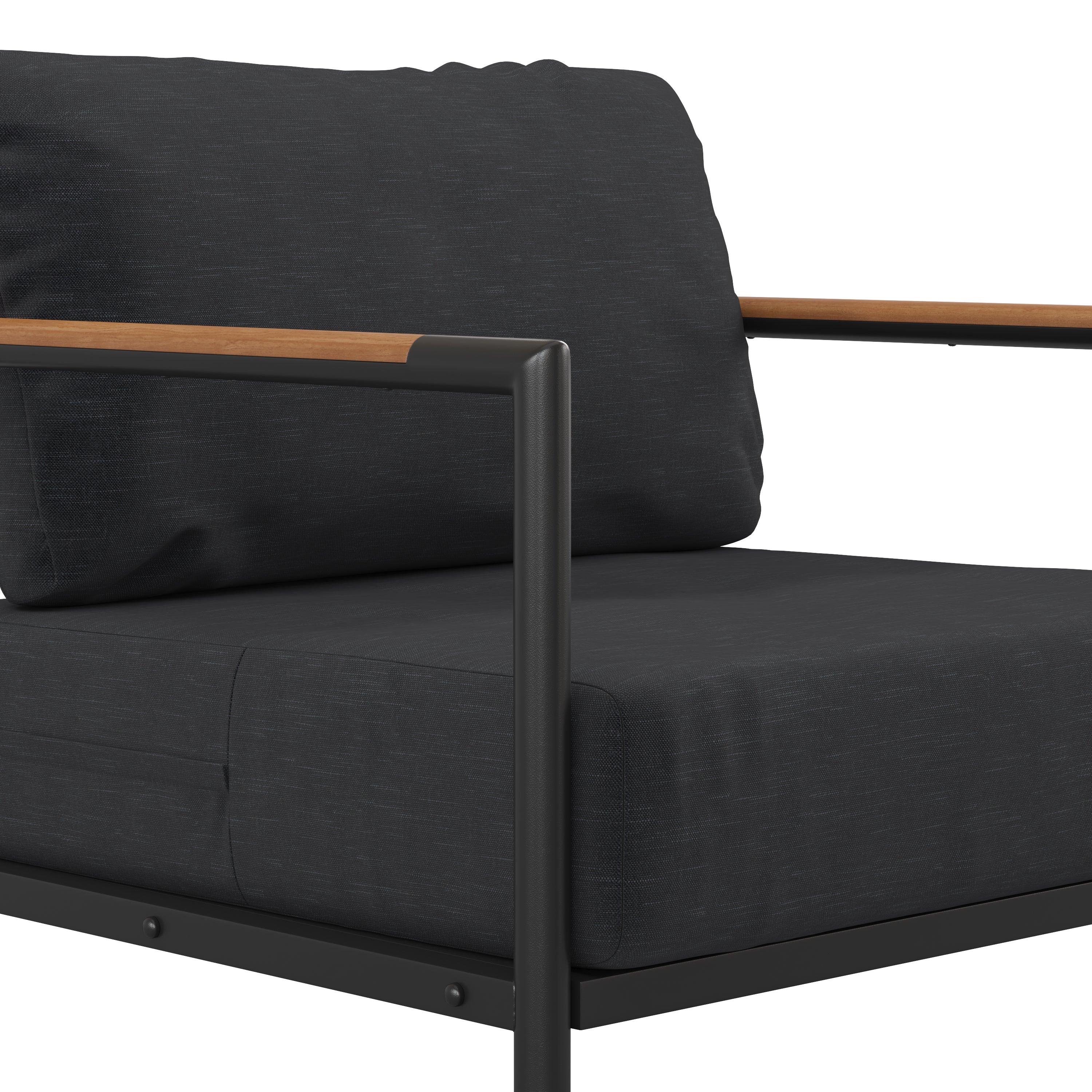 Lea Indoor/Outdoor Patio Chair with Cushions - Modern Aluminum Framed Chair with Teak Accented Arms, Black with Charcoal Cushions