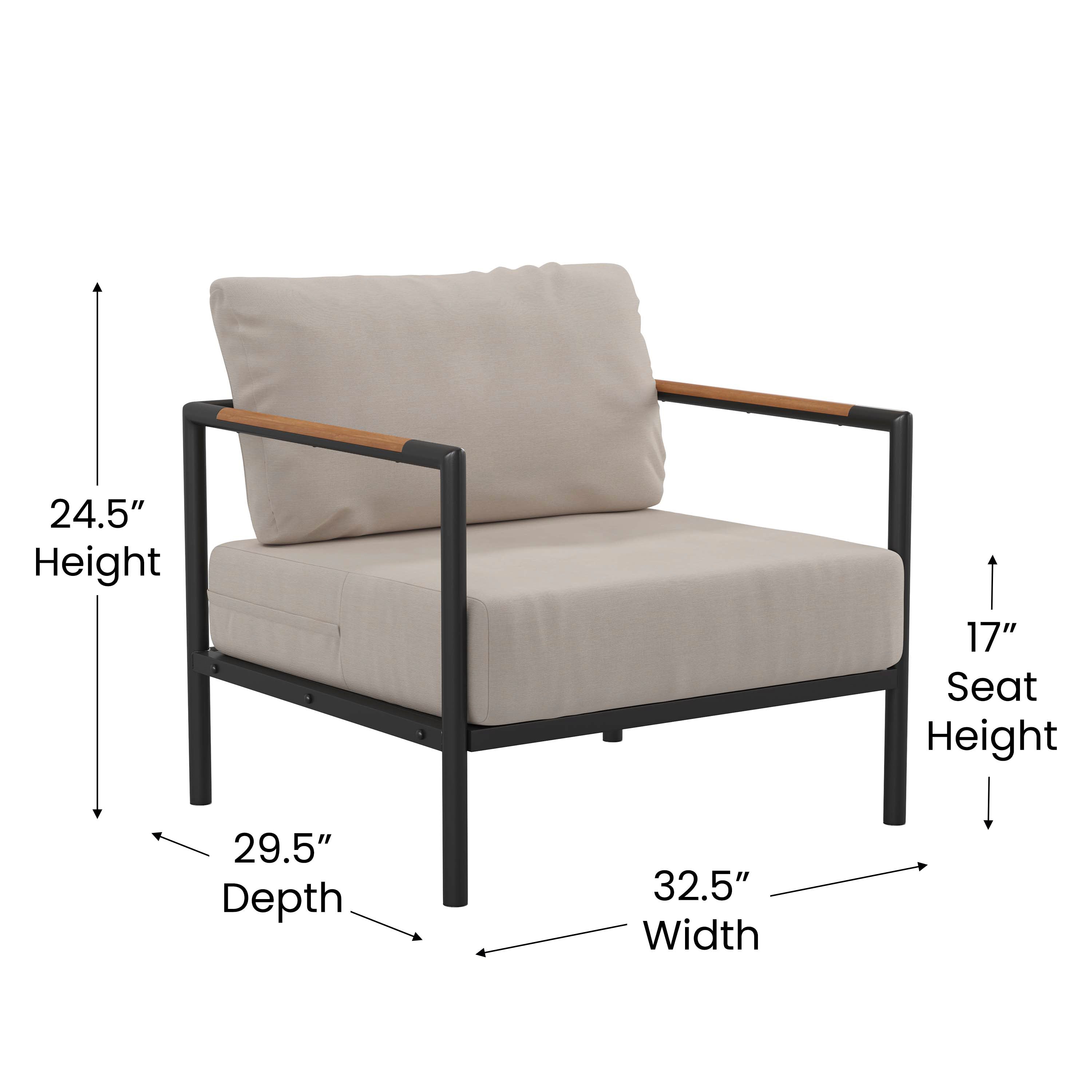 Lea Indoor/Outdoor Patio Chair with Cushions - Modern Aluminum Framed Chair with Teak Accented Arms, Black with Beige Cushions