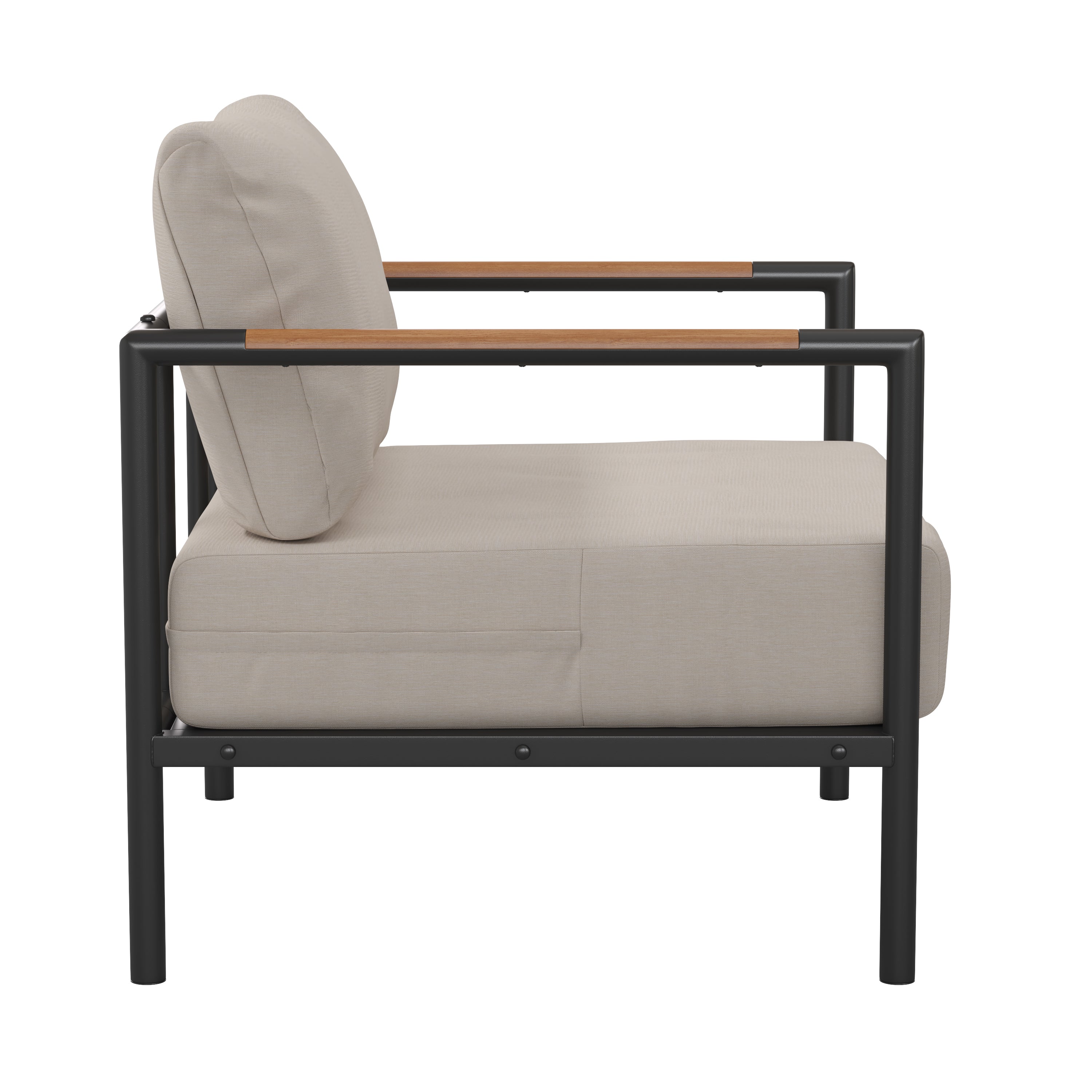 Lea Indoor/Outdoor Patio Chair with Cushions - Modern Aluminum Framed Chair with Teak Accented Arms, Black with Beige Cushions