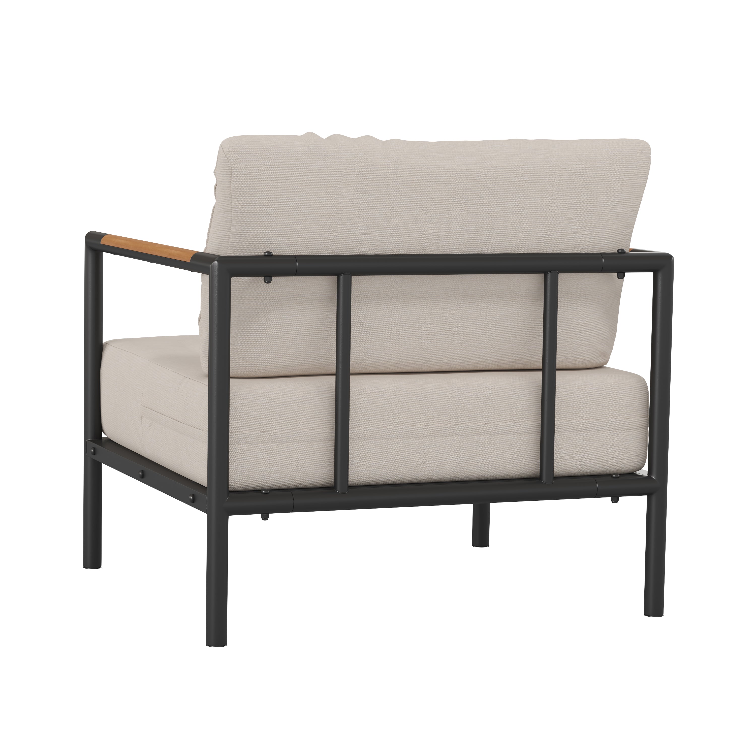 Lea Indoor/Outdoor Patio Chair with Cushions - Modern Aluminum Framed Chair with Teak Accented Arms, Black with Beige Cushions