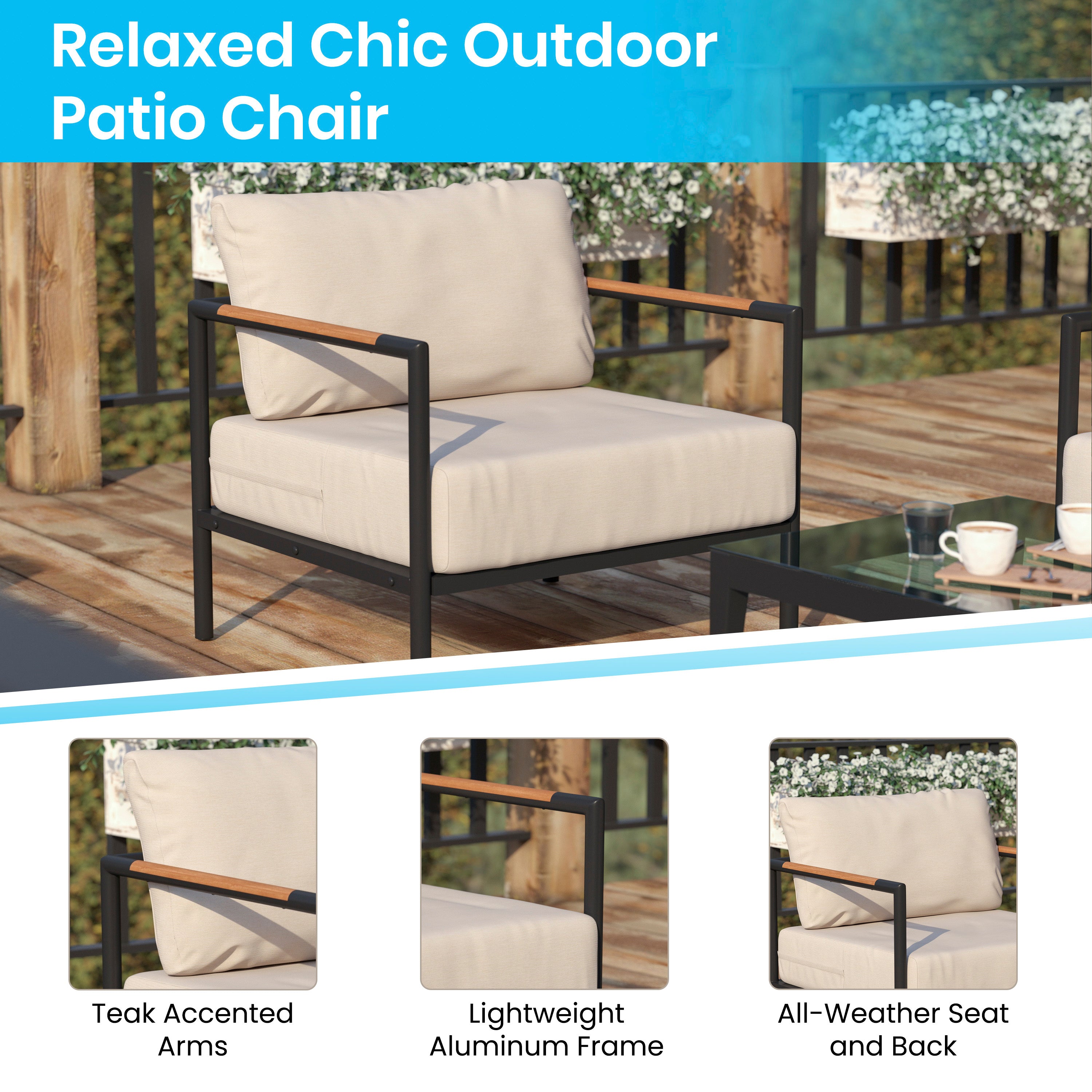 Lea Indoor/Outdoor Patio Chair with Cushions - Modern Aluminum Framed Chair with Teak Accented Arms, Black with Beige Cushions