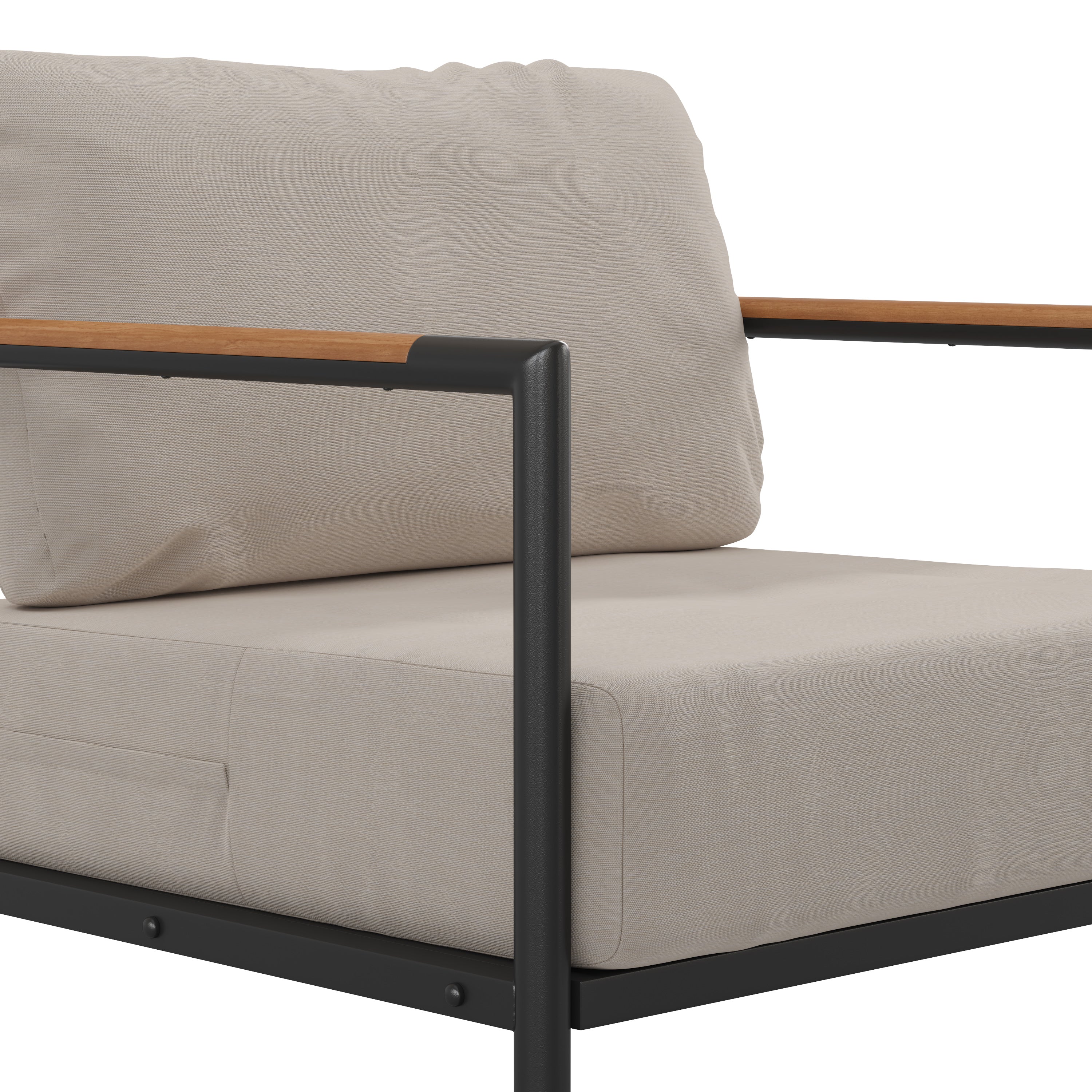 Lea Indoor/Outdoor Patio Chair with Cushions - Modern Aluminum Framed Chair with Teak Accented Arms, Black with Beige Cushions