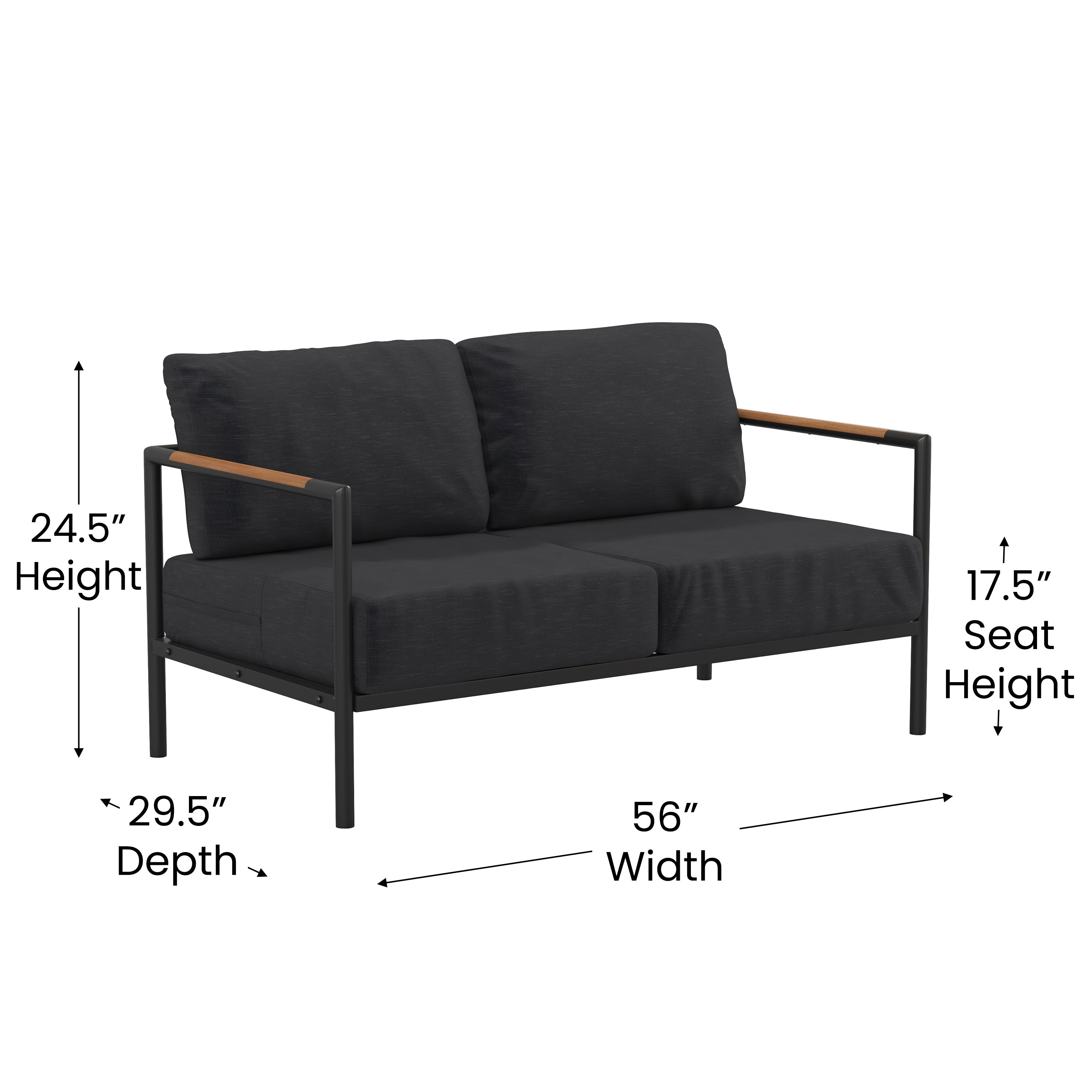 Lea Indoor/Outdoor Patio Loveseat with Cushions - Modern Aluminum Framed Loveseat with Teak Accent Arms, Black-Charcoal Cushions