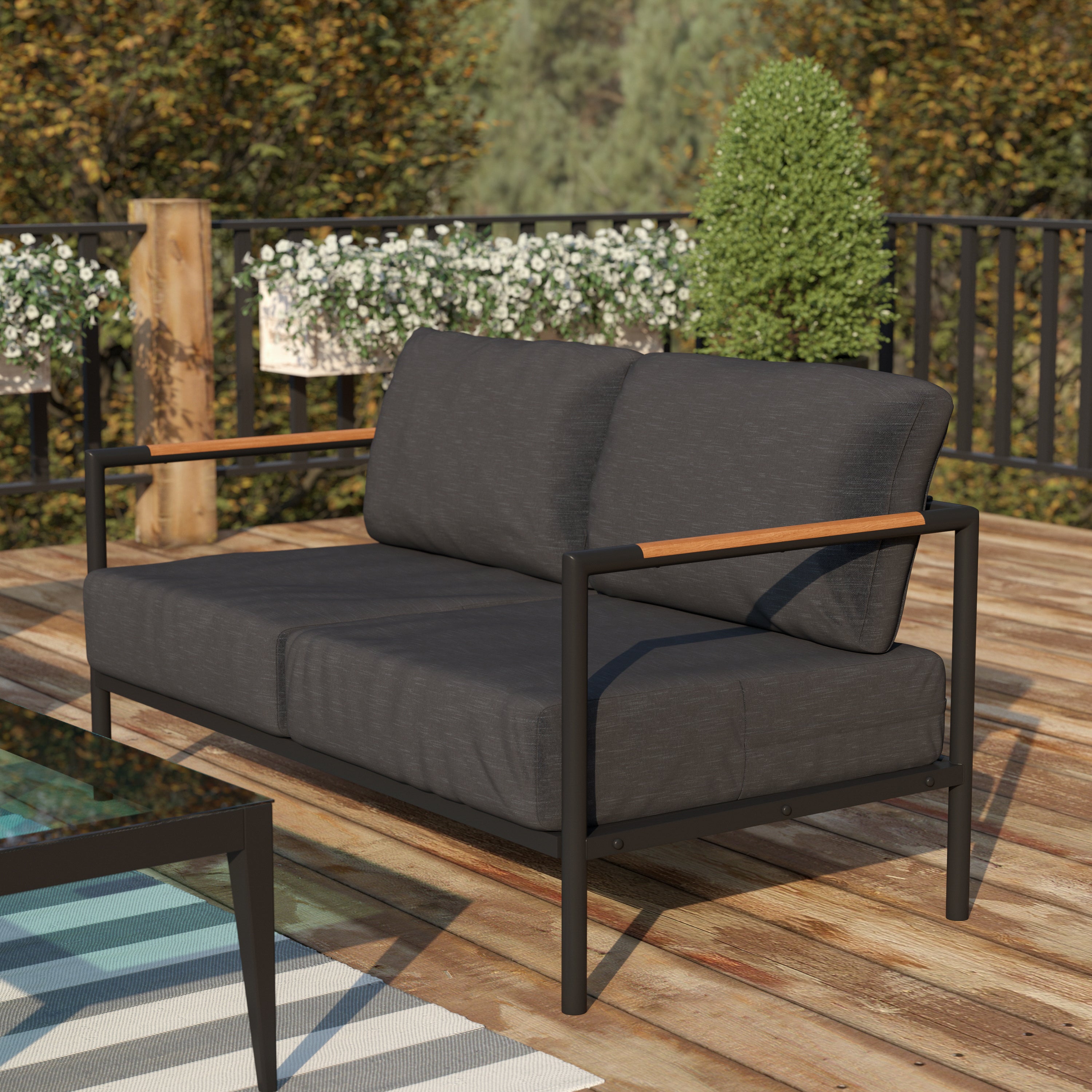 Lea Indoor/Outdoor Patio Loveseat with Cushions - Modern Aluminum Framed Loveseat with Teak Accent Arms, Black-Charcoal Cushions