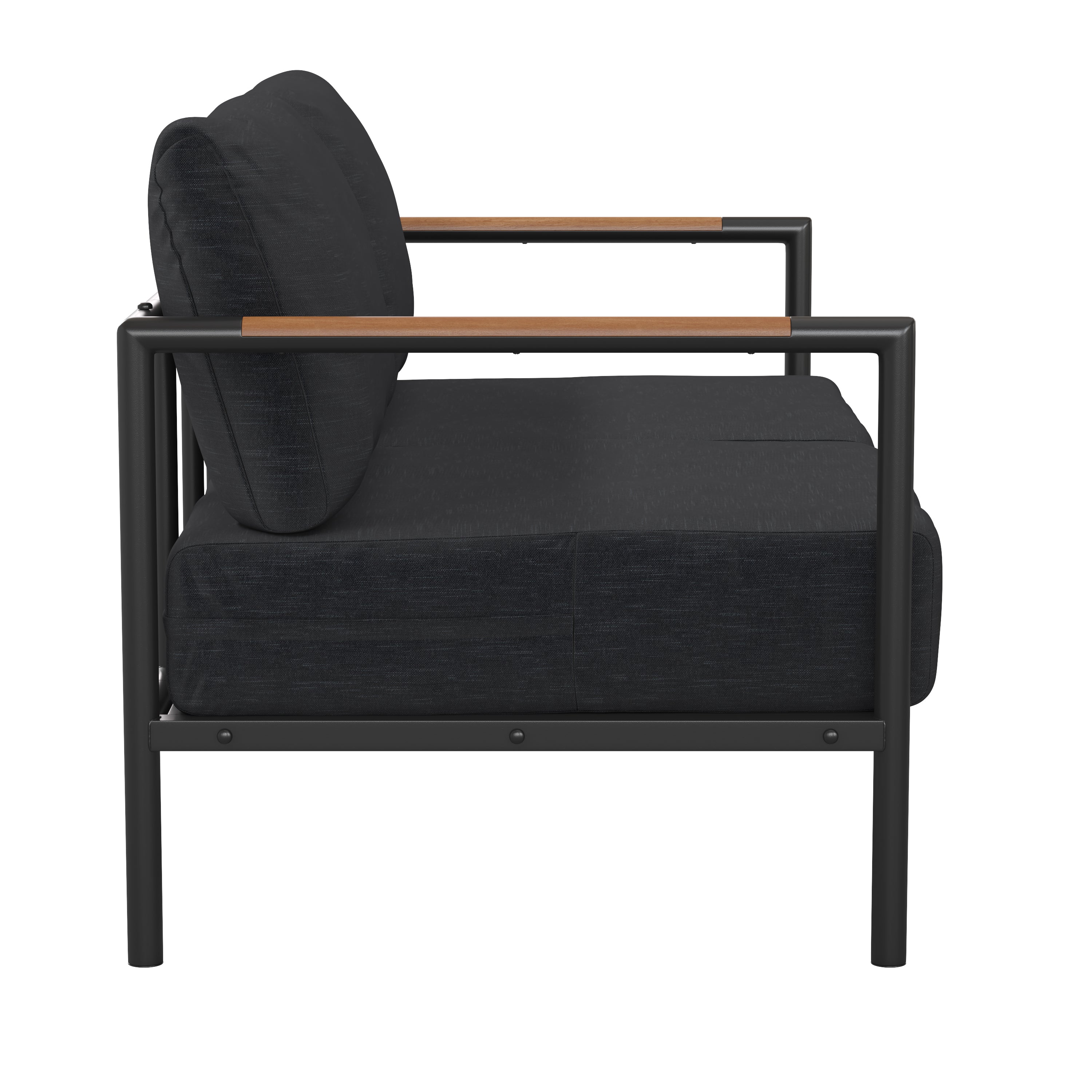 Lea Indoor/Outdoor Patio Loveseat with Cushions - Modern Aluminum Framed Loveseat with Teak Accent Arms, Black-Charcoal Cushions