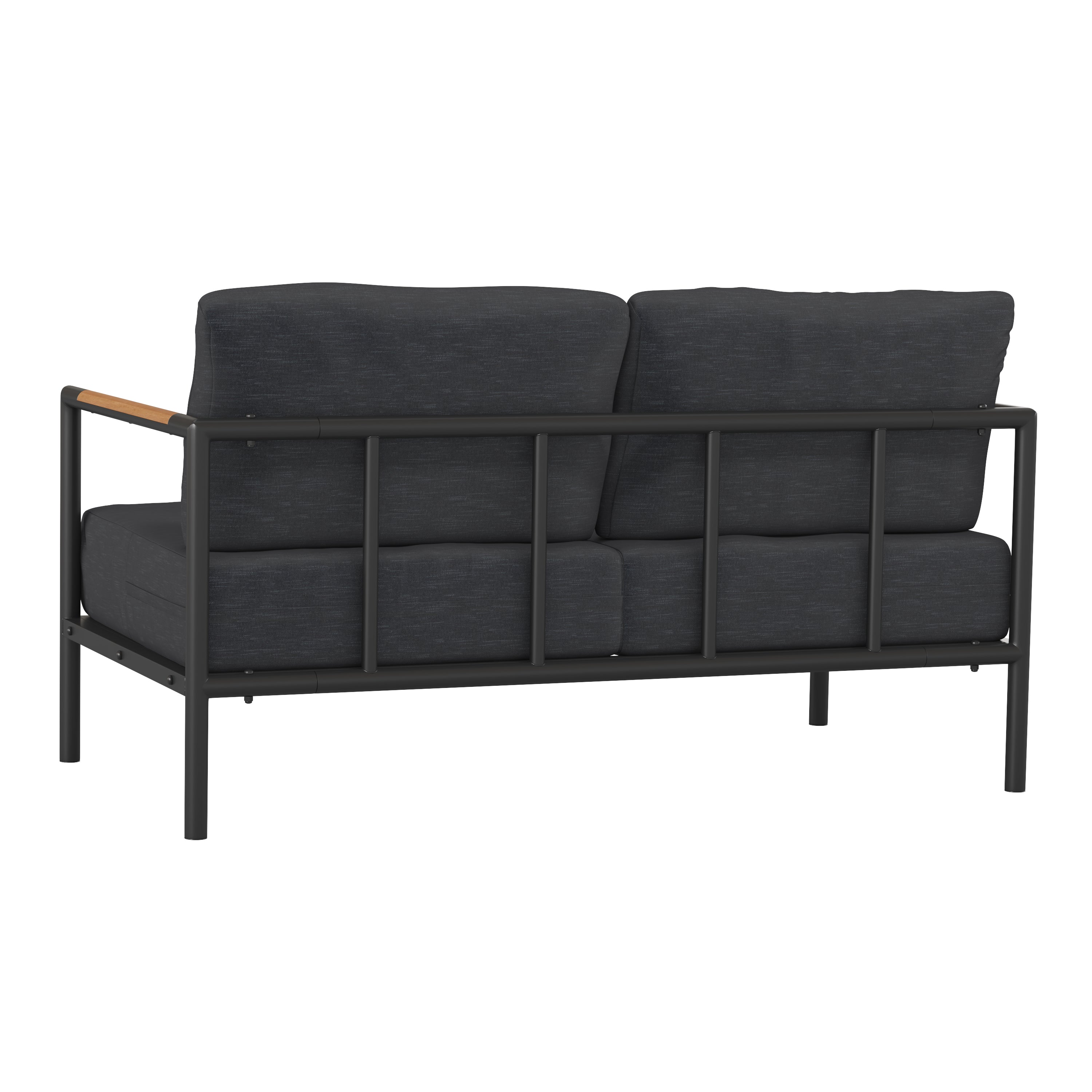 Lea Indoor/Outdoor Patio Loveseat with Cushions - Modern Aluminum Framed Loveseat with Teak Accent Arms, Black-Charcoal Cushions