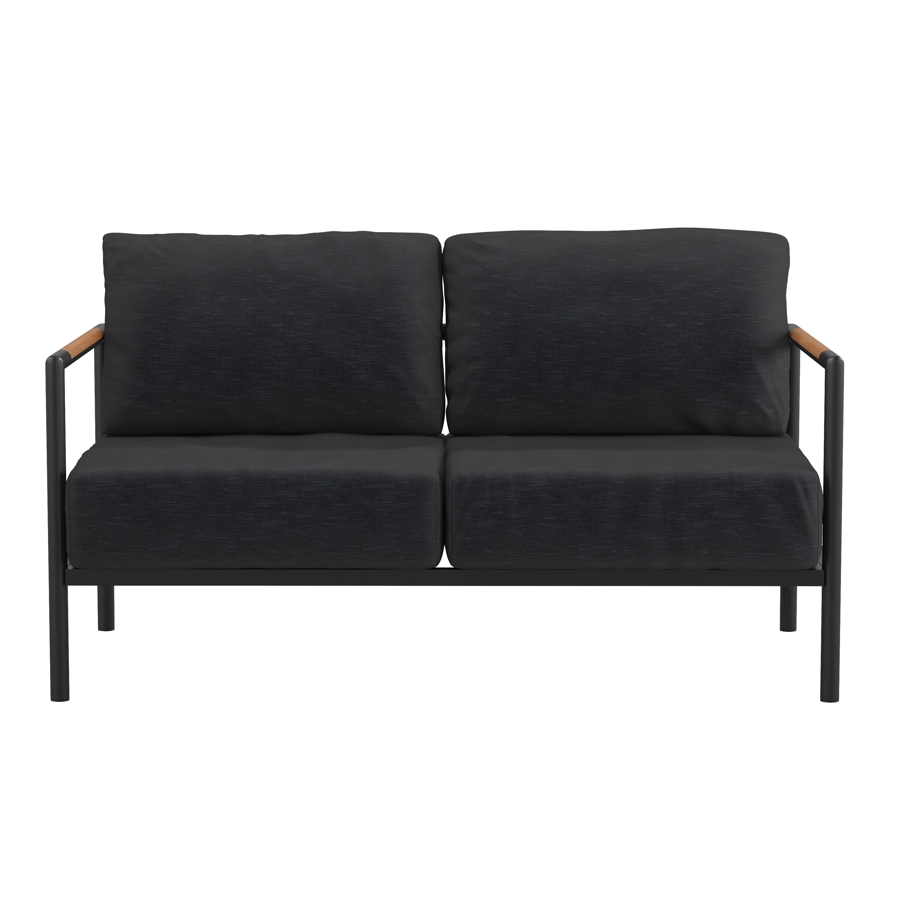Lea Indoor/Outdoor Patio Loveseat with Cushions - Modern Aluminum Framed Loveseat with Teak Accent Arms, Black-Charcoal Cushions