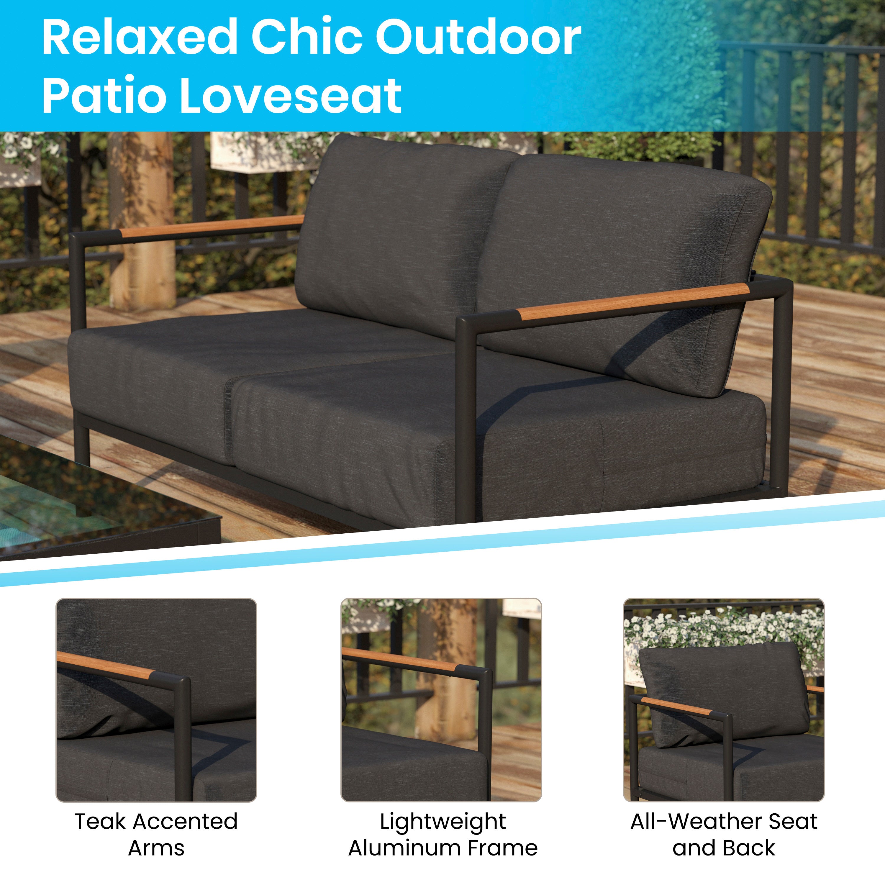 Lea Indoor/Outdoor Patio Loveseat with Cushions - Modern Aluminum Framed Loveseat with Teak Accent Arms, Black-Charcoal Cushions
