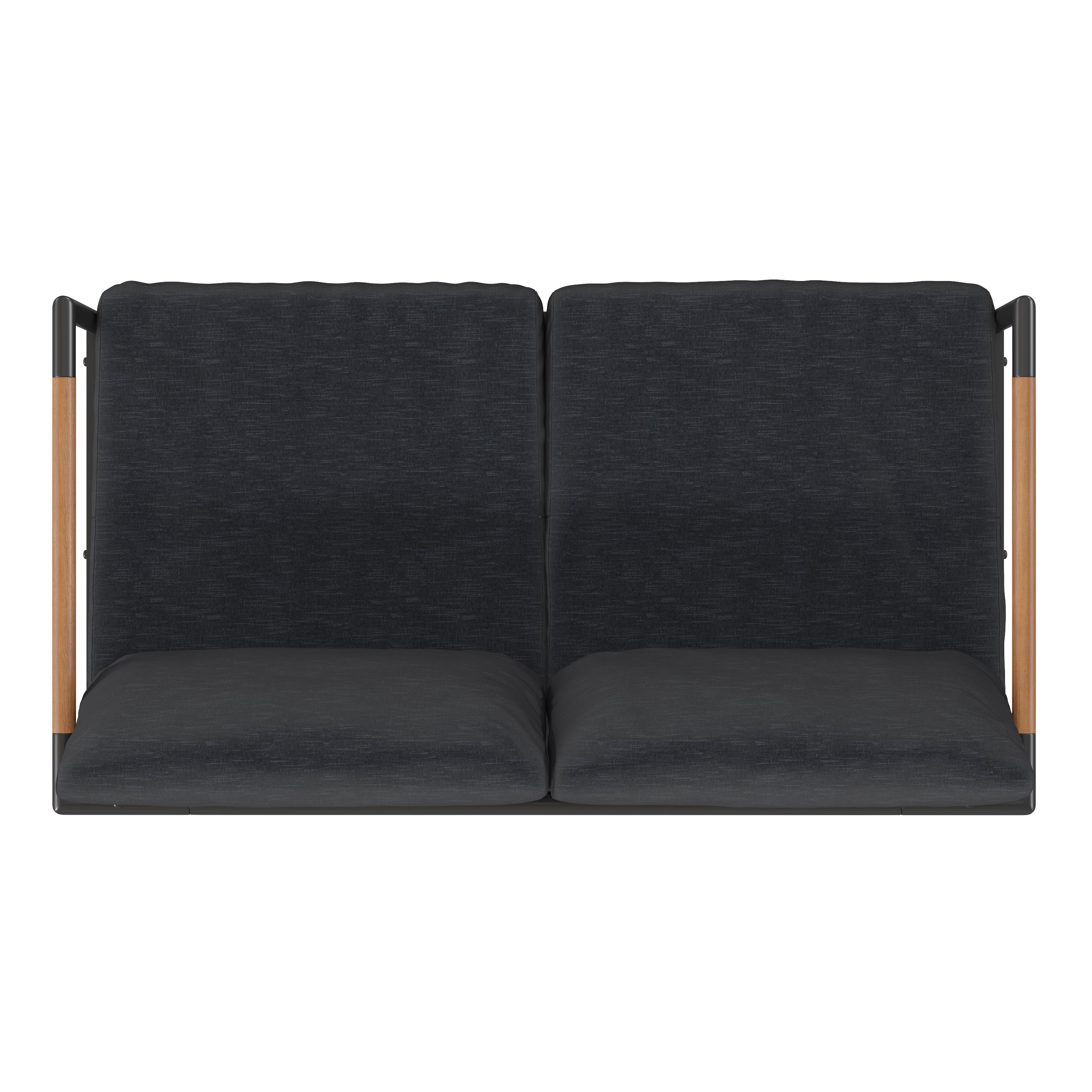 Lea Indoor/Outdoor Patio Loveseat with Cushions - Modern Aluminum Framed Loveseat with Teak Accent Arms, Black-Charcoal Cushions