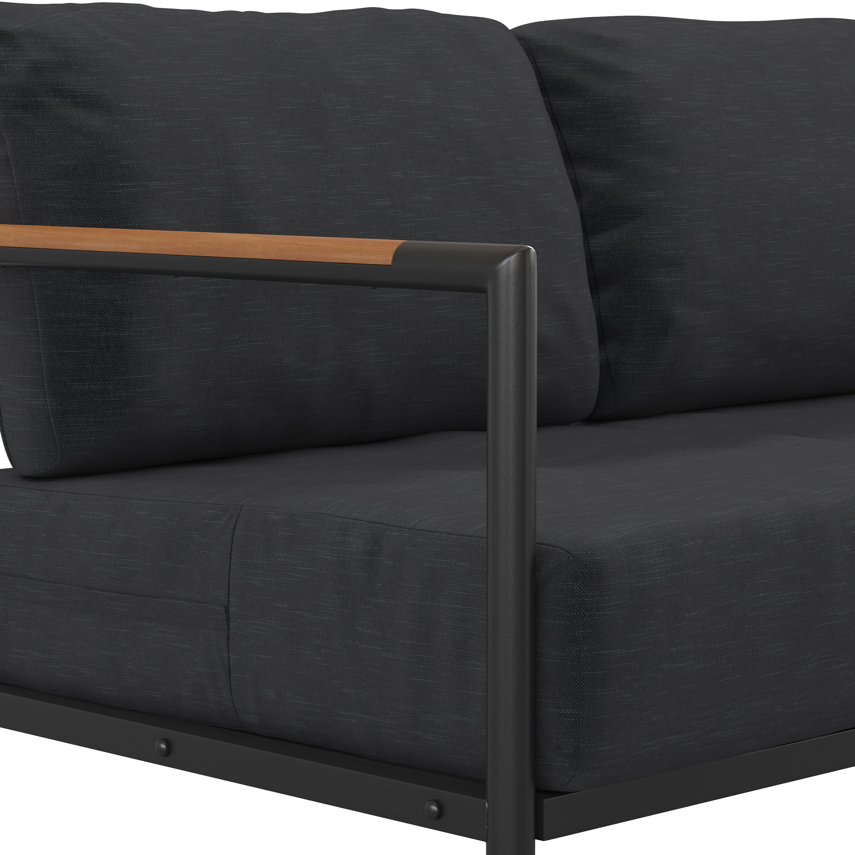 Lea Indoor/Outdoor Patio Loveseat with Cushions - Modern Aluminum Framed Loveseat with Teak Accent Arms, Black-Charcoal Cushions