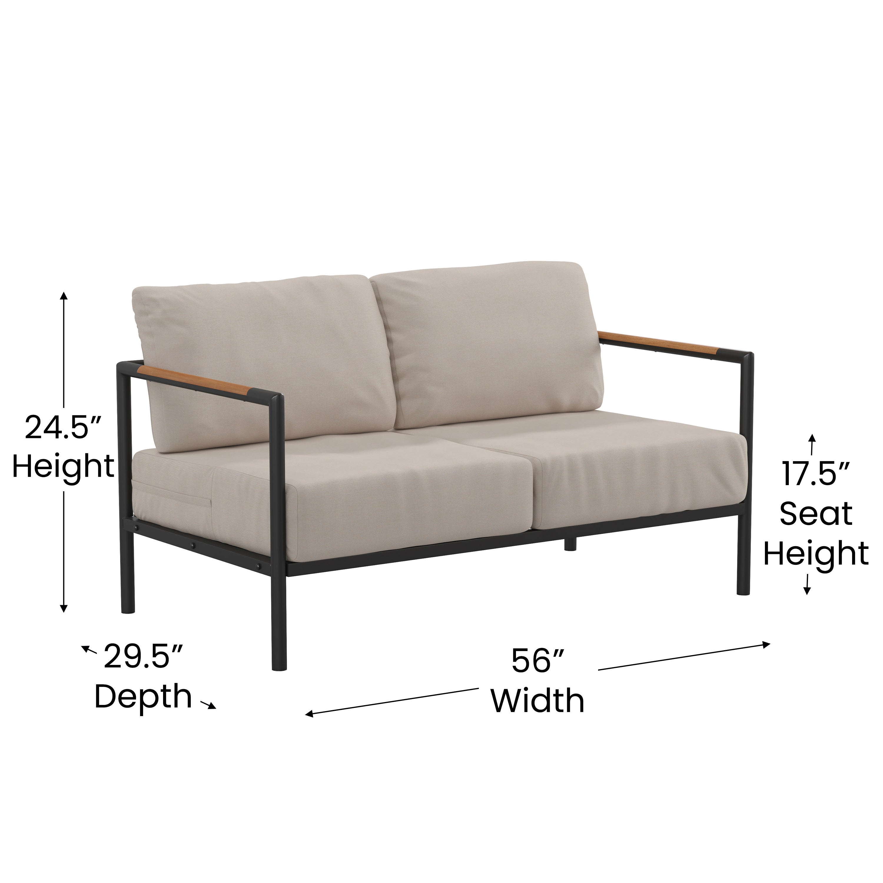 Lea Indoor/Outdoor Patio Loveseat with Cushions-Modern Aluminum Framed Loveseat with Teak Accent Arms, Black with Beige Cushions