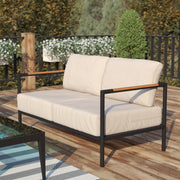 Lea Indoor/Outdoor Patio Loveseat with Cushions-Modern Aluminum Framed Loveseat with Teak Accent Arms, Black with Beige Cushions