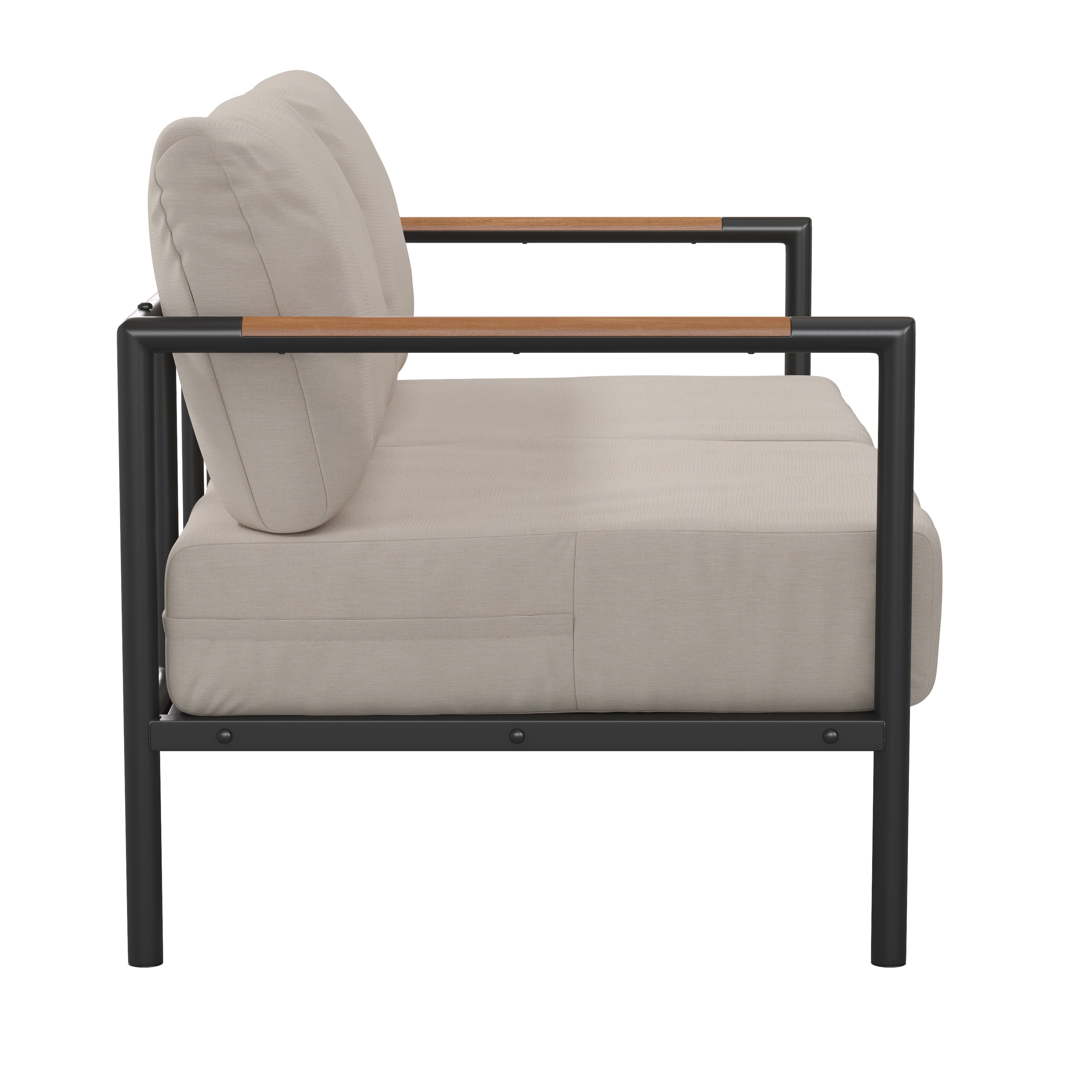 Lea Indoor/Outdoor Patio Loveseat with Cushions-Modern Aluminum Framed Loveseat with Teak Accent Arms, Black with Beige Cushions