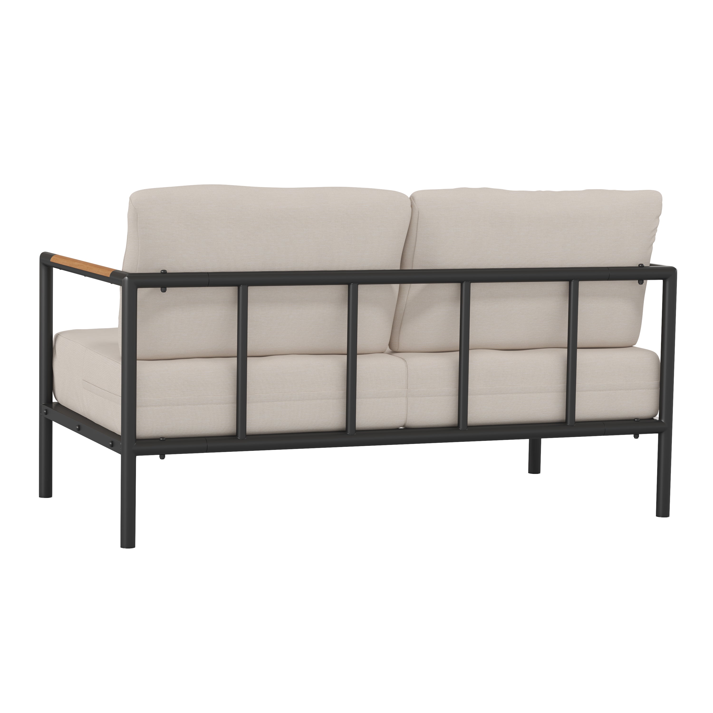 Lea Indoor/Outdoor Patio Loveseat with Cushions-Modern Aluminum Framed Loveseat with Teak Accent Arms, Black with Beige Cushions