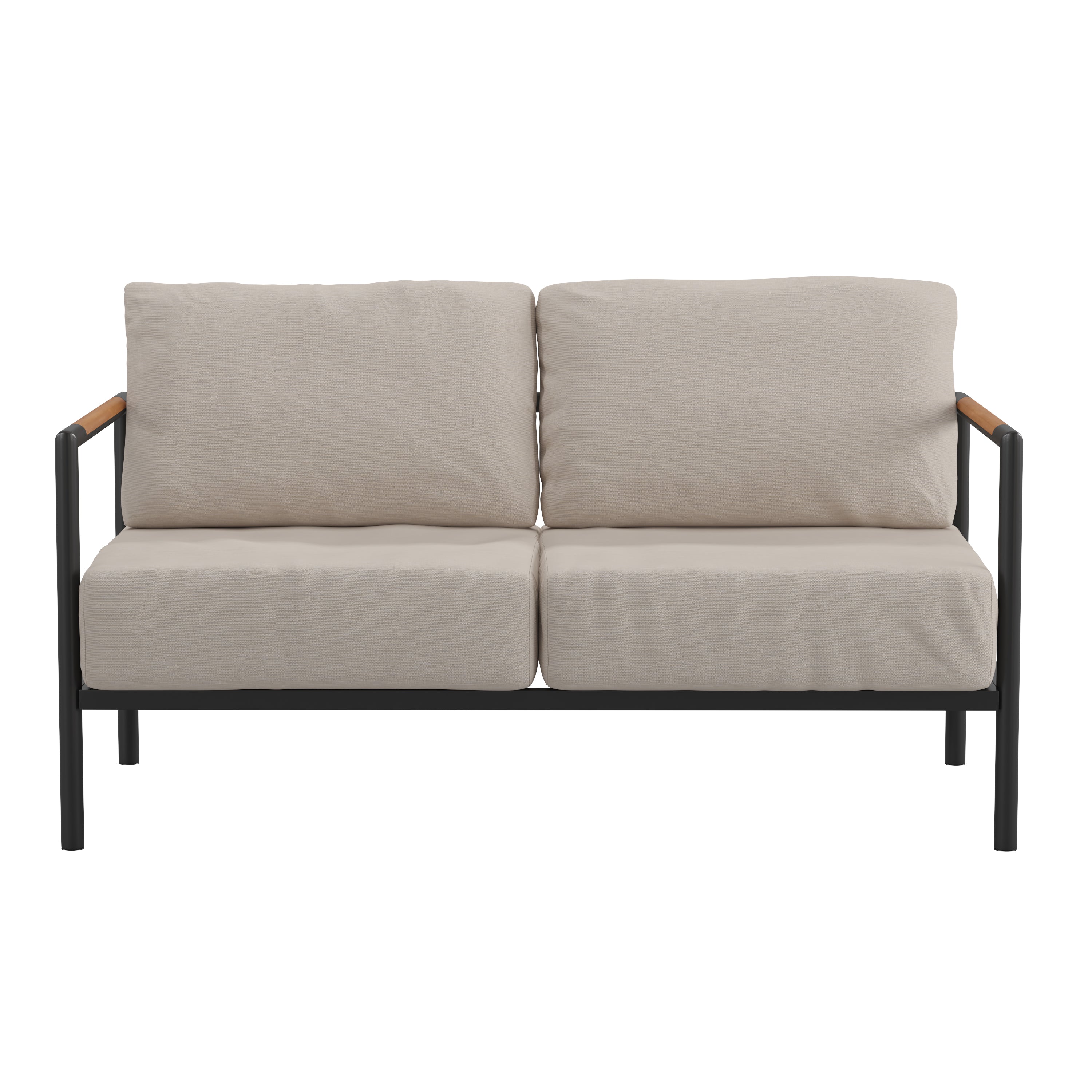 Lea Indoor/Outdoor Patio Loveseat with Cushions-Modern Aluminum Framed Loveseat with Teak Accent Arms, Black with Beige Cushions