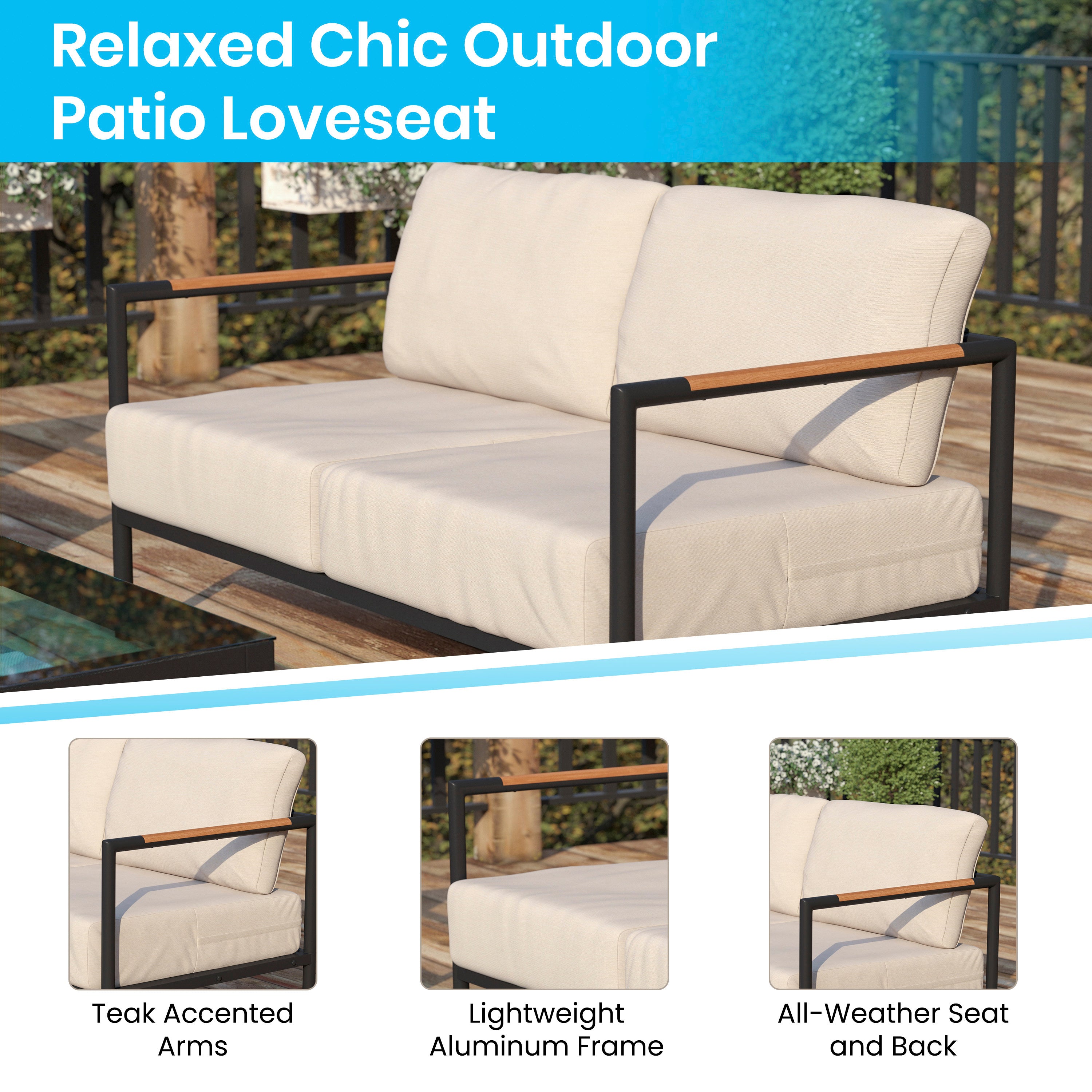 Lea Indoor/Outdoor Patio Loveseat with Cushions-Modern Aluminum Framed Loveseat with Teak Accent Arms, Black with Beige Cushions