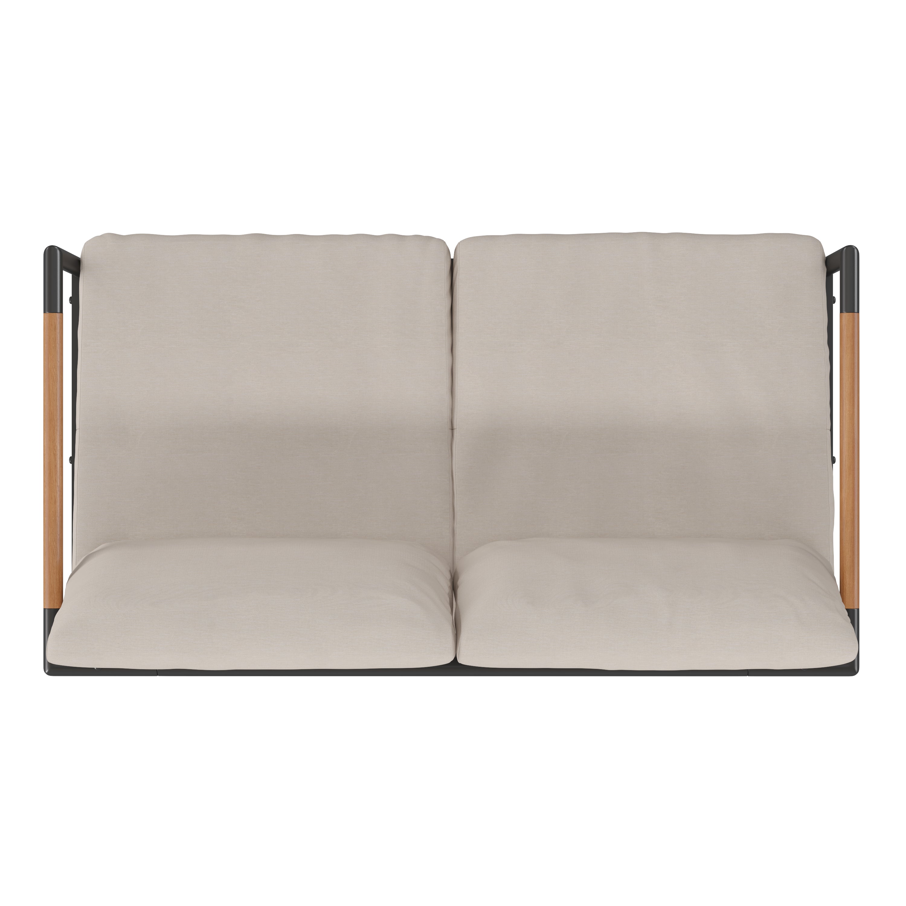Lea Indoor/Outdoor Patio Loveseat with Cushions-Modern Aluminum Framed Loveseat with Teak Accent Arms, Black with Beige Cushions