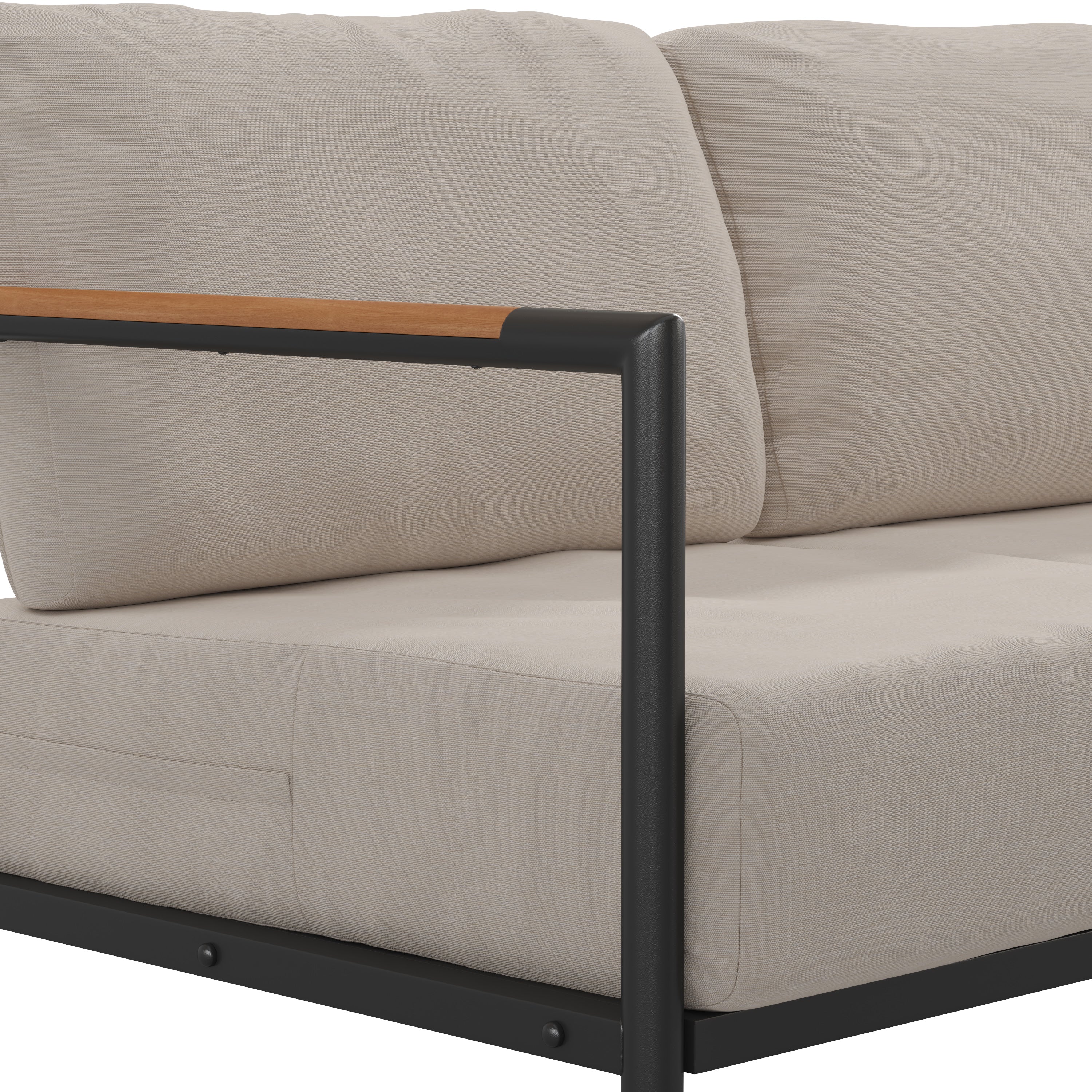 Lea Indoor/Outdoor Patio Loveseat with Cushions-Modern Aluminum Framed Loveseat with Teak Accent Arms, Black with Beige Cushions
