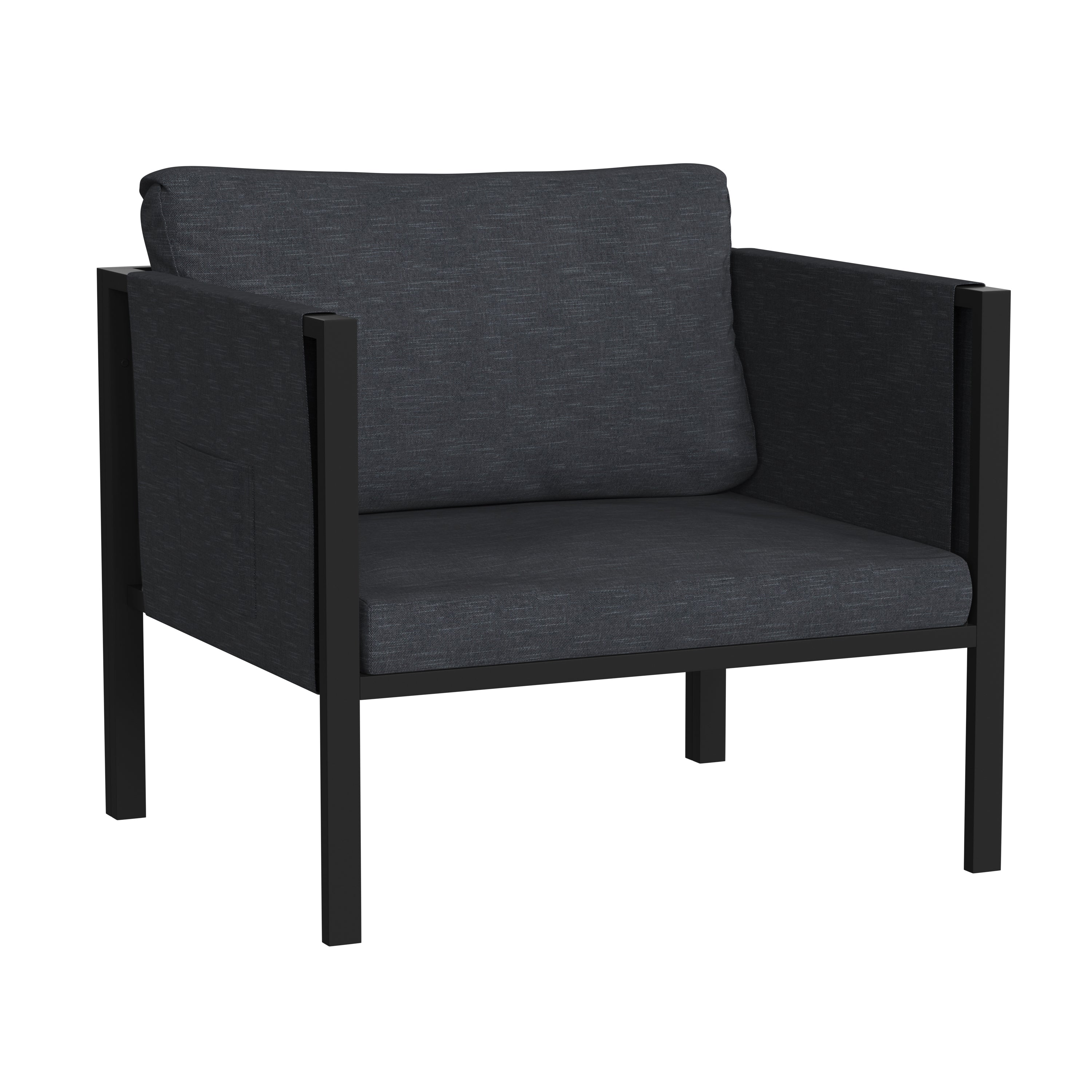 Lea Indoor/Outdoor Patio Chair with Cushions - Modern Steel Framed Chair with Storage Pockets, Black with Charcoal Cushions