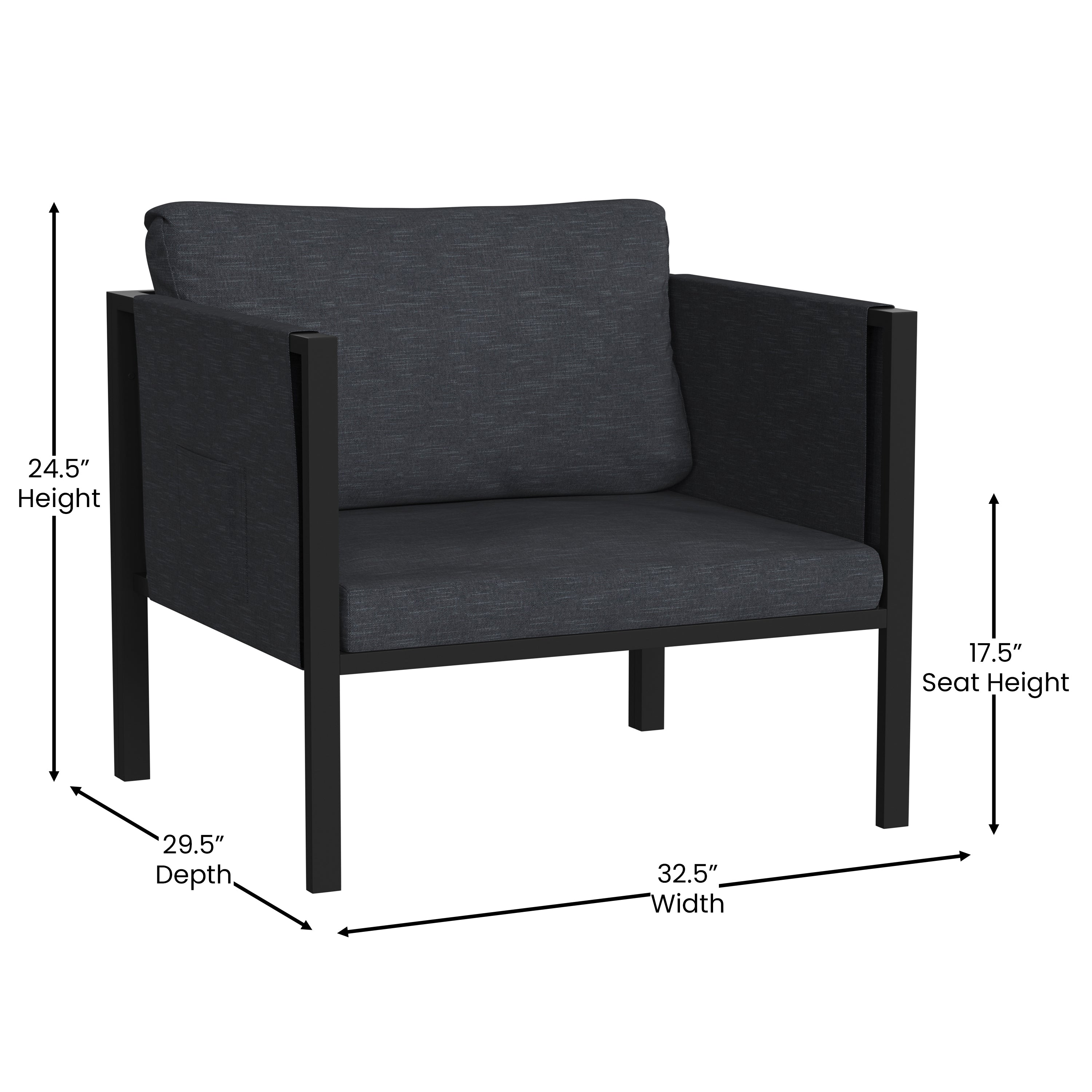 Lea Indoor/Outdoor Patio Chair with Cushions - Modern Steel Framed Chair with Storage Pockets, Black with Charcoal Cushions