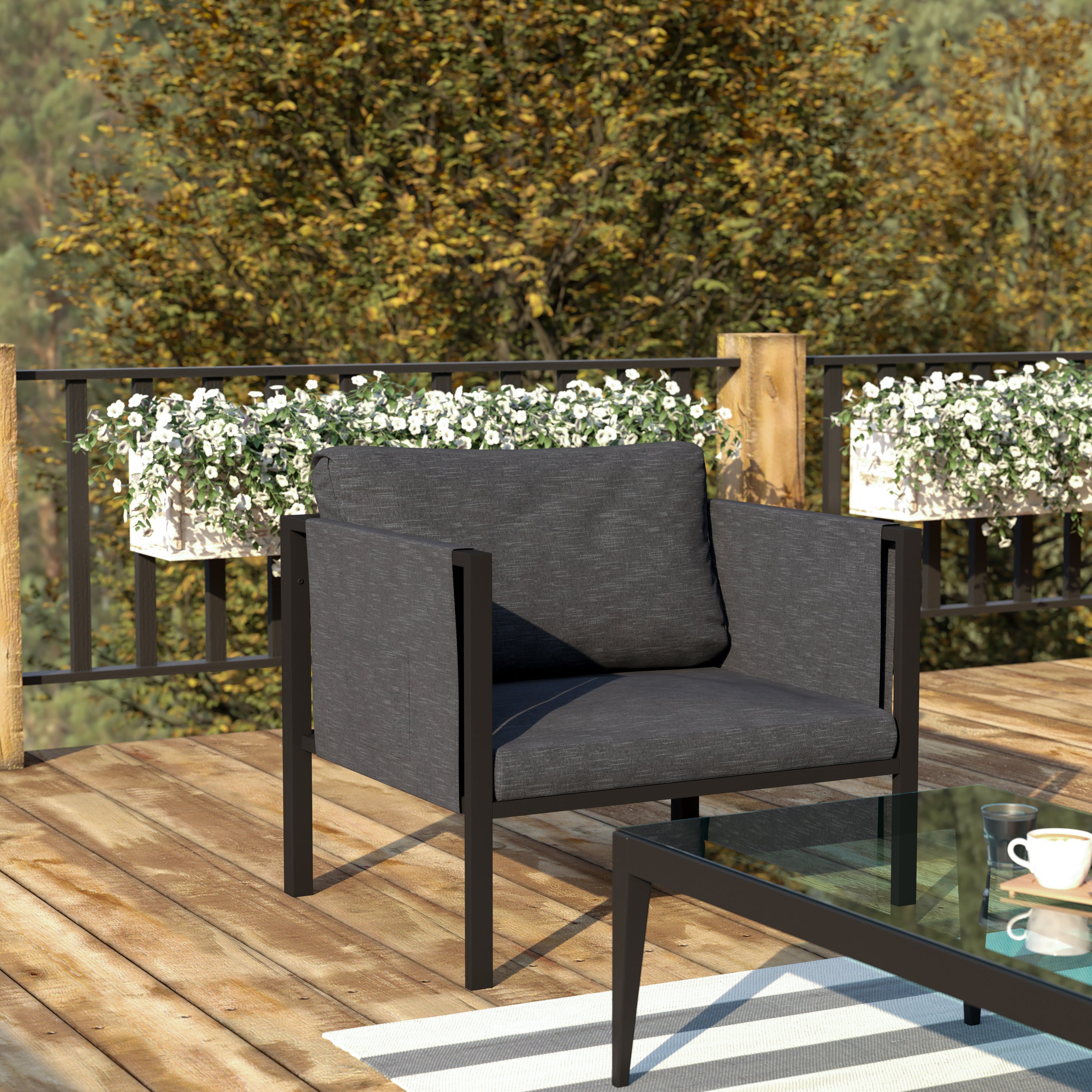 Lea Indoor/Outdoor Patio Chair with Cushions - Modern Steel Framed Chair with Storage Pockets, Black with Charcoal Cushions