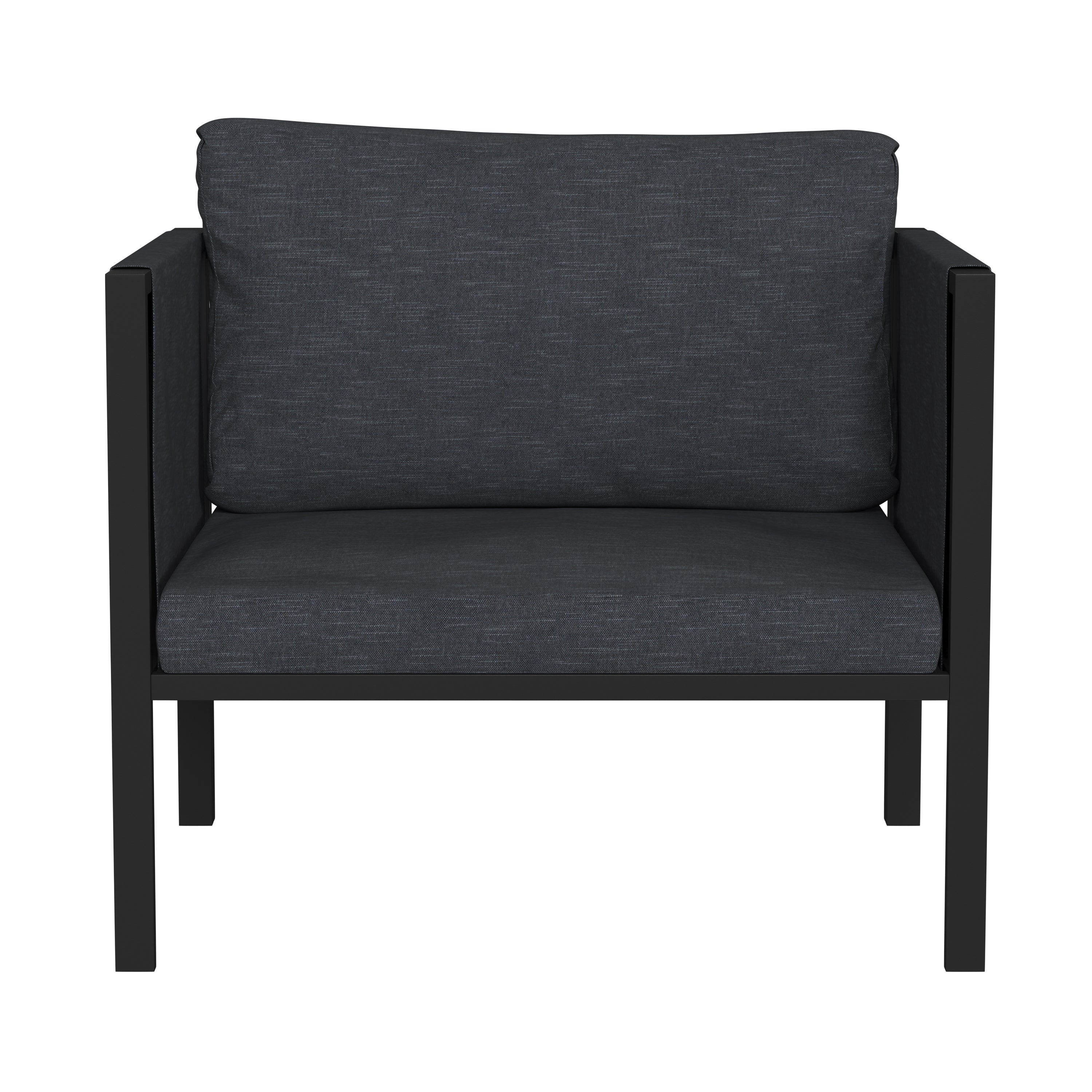 Lea Indoor/Outdoor Patio Chair with Cushions - Modern Steel Framed Chair with Storage Pockets, Black with Charcoal Cushions