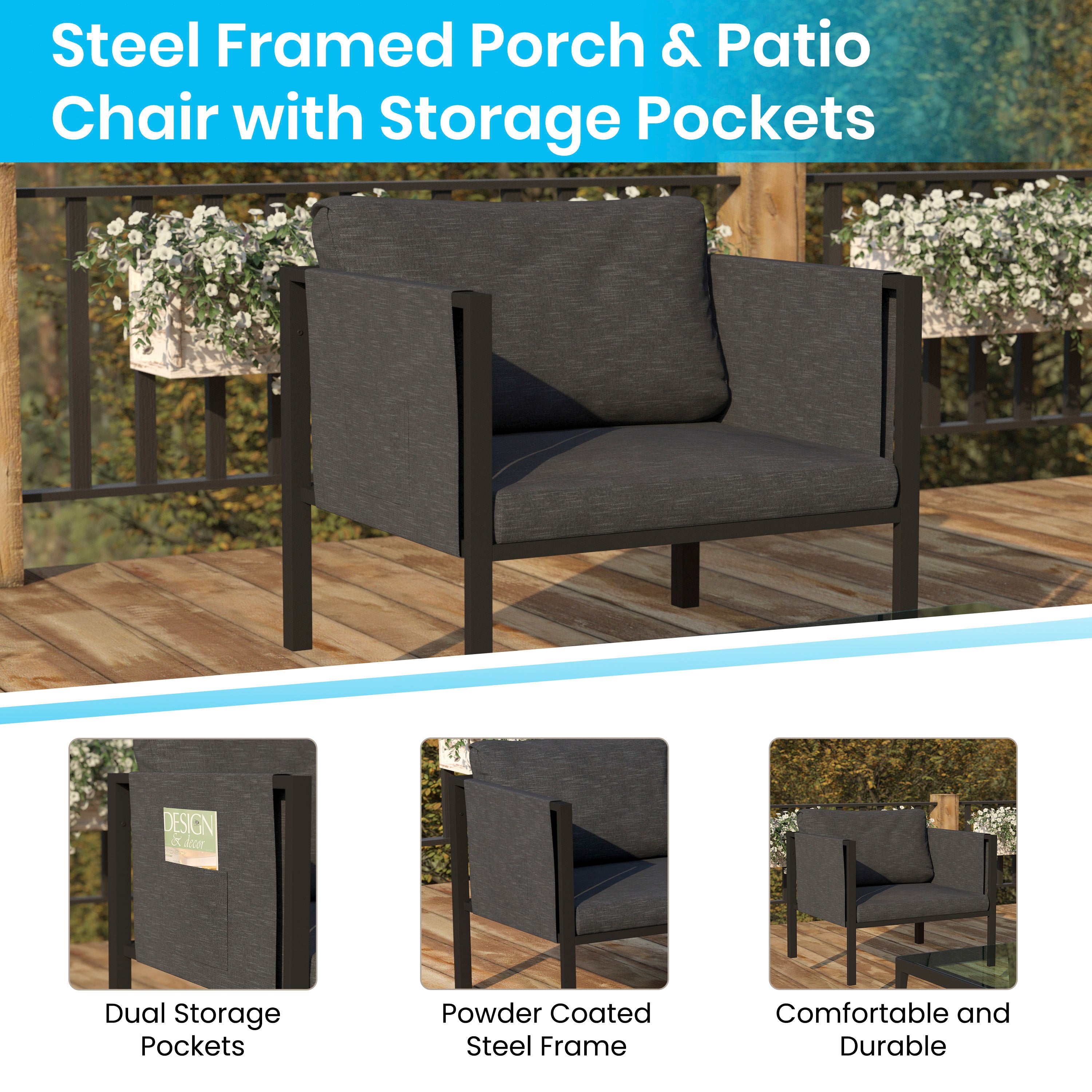 Lea Indoor/Outdoor Patio Chair with Cushions - Modern Steel Framed Chair with Storage Pockets, Black with Charcoal Cushions