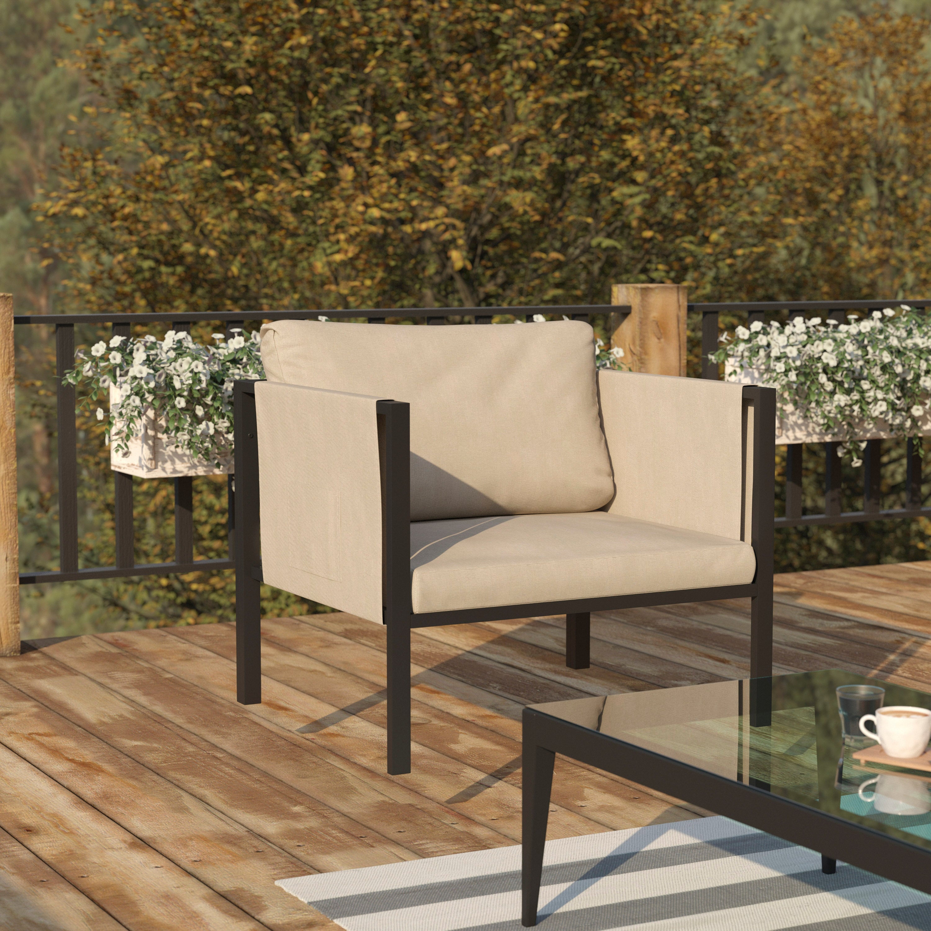 Lea Indoor/Outdoor Patio Chair with Cushions - Modern Steel Framed Chair with Storage Pockets, Black with Beige Cushions