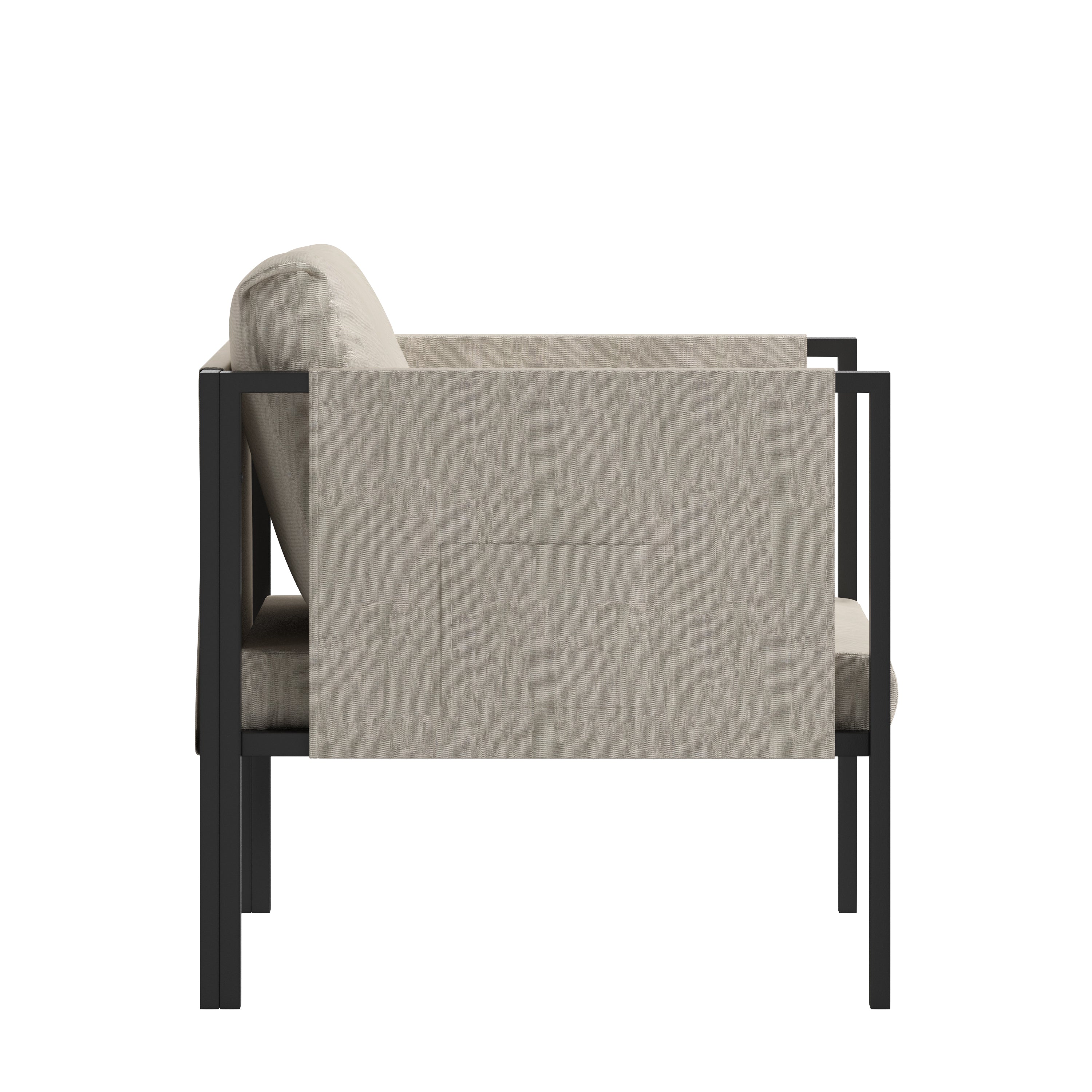 Lea Indoor/Outdoor Patio Chair with Cushions - Modern Steel Framed Chair with Storage Pockets, Black with Beige Cushions