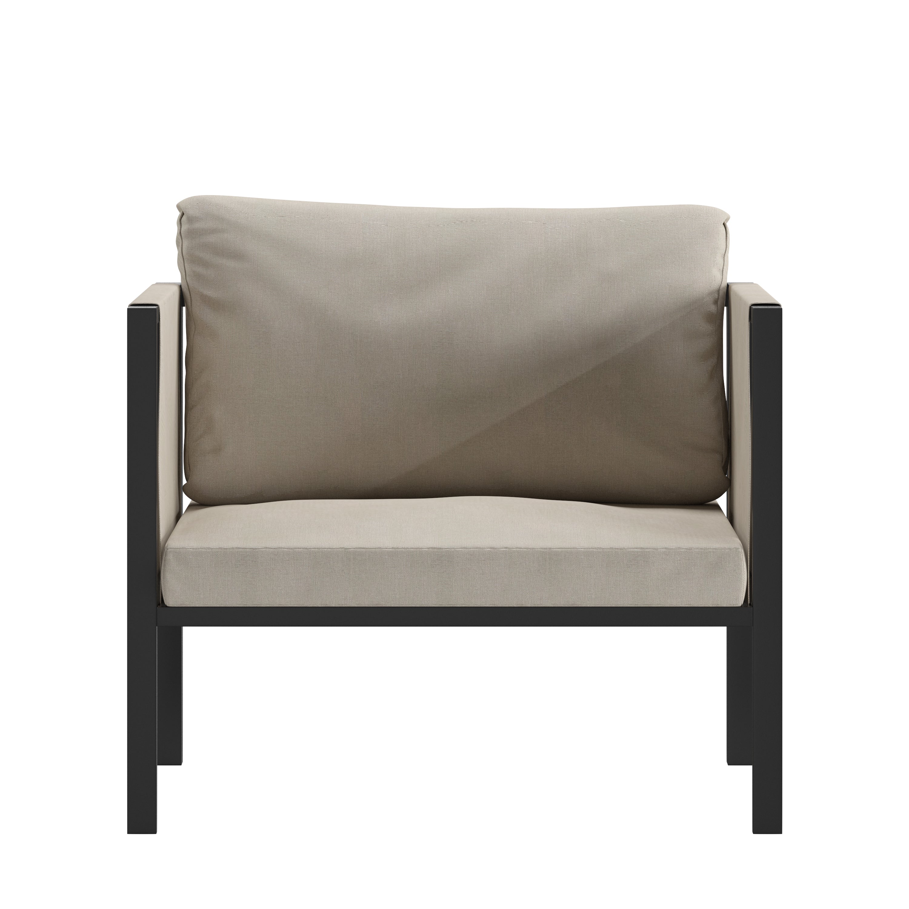 Lea Indoor/Outdoor Patio Chair with Cushions - Modern Steel Framed Chair with Storage Pockets, Black with Beige Cushions