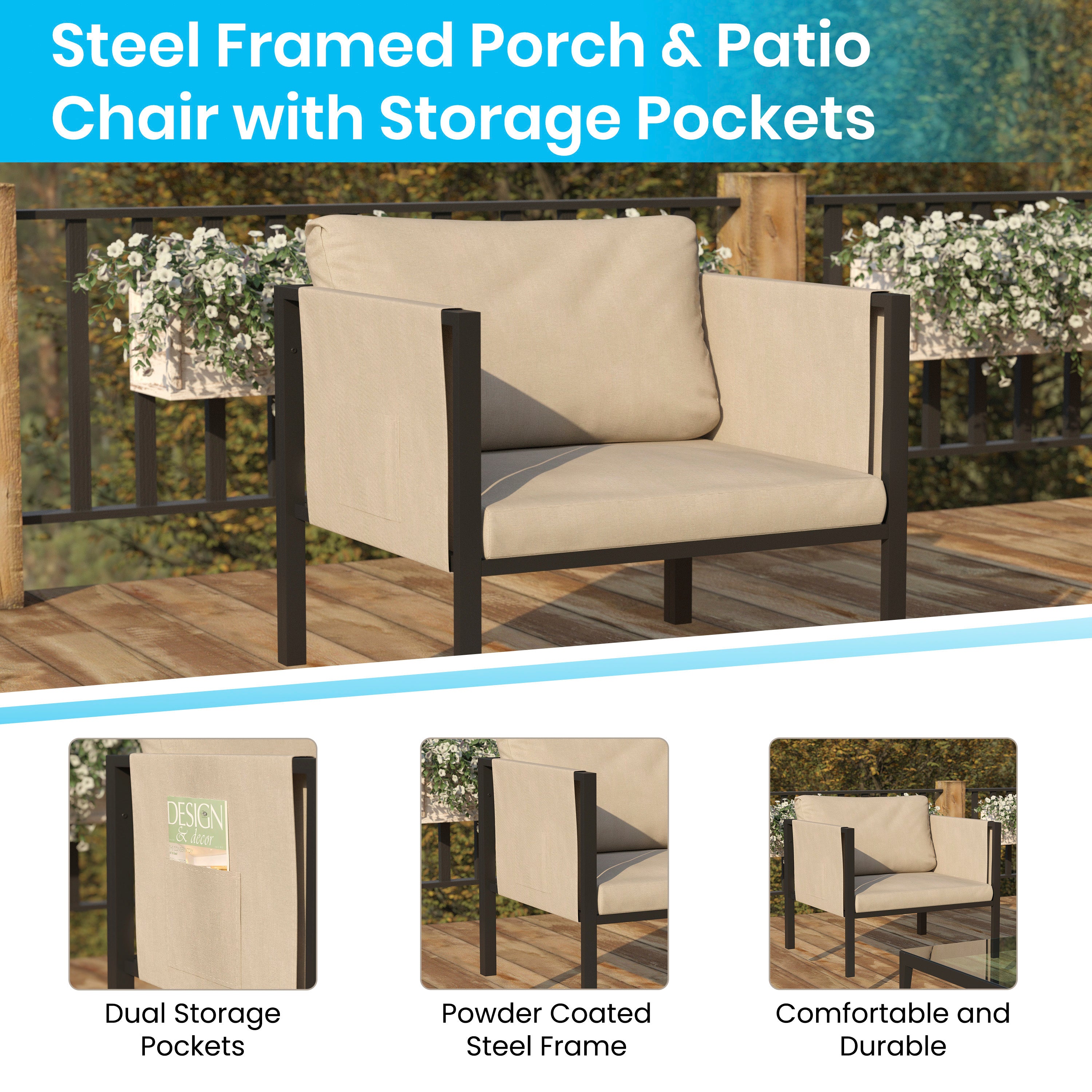Lea Indoor/Outdoor Patio Chair with Cushions - Modern Steel Framed Chair with Storage Pockets, Black with Beige Cushions