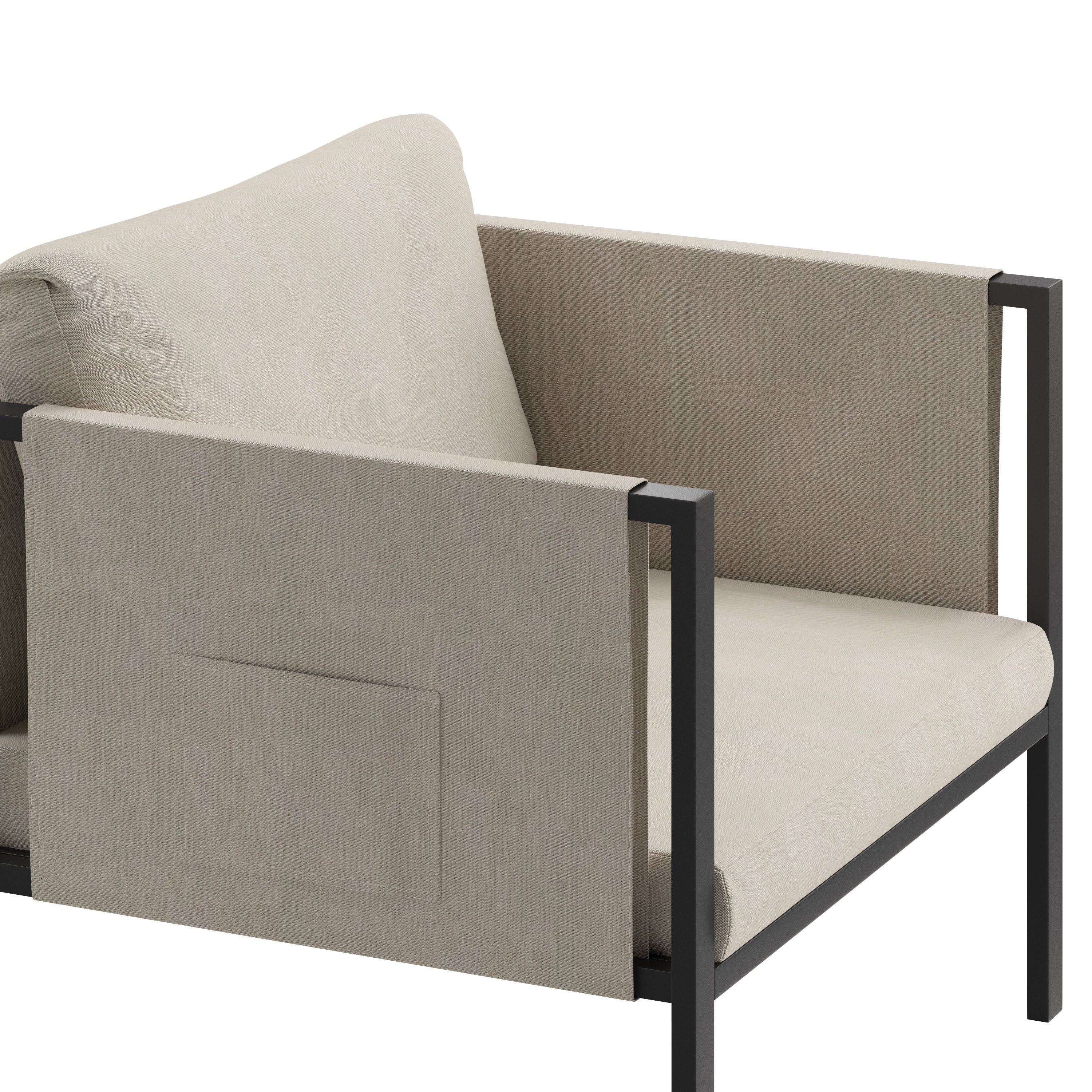 Lea Indoor/Outdoor Patio Chair with Cushions - Modern Steel Framed Chair with Storage Pockets, Black with Beige Cushions