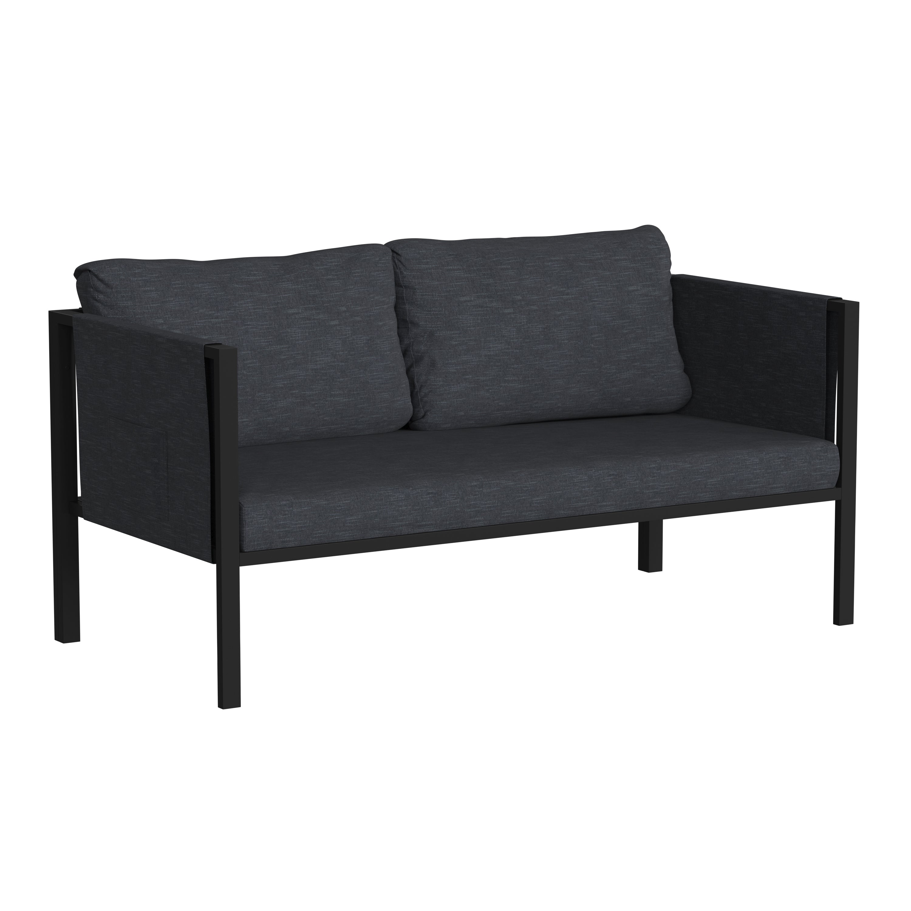 Lea Indoor/Outdoor Loveseat with Cushions - Modern Steel Framed Chair with Storage Pockets, Black with Charcoal Cushions