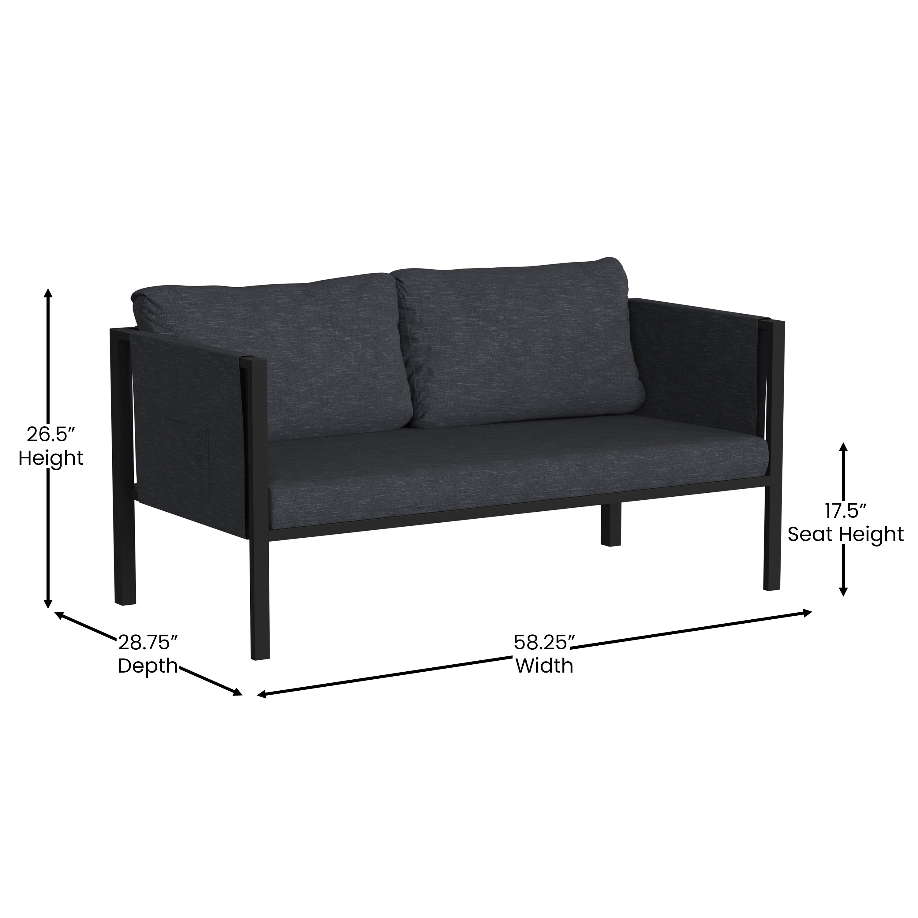 Lea Indoor/Outdoor Loveseat with Cushions - Modern Steel Framed Chair with Storage Pockets, Black with Charcoal Cushions