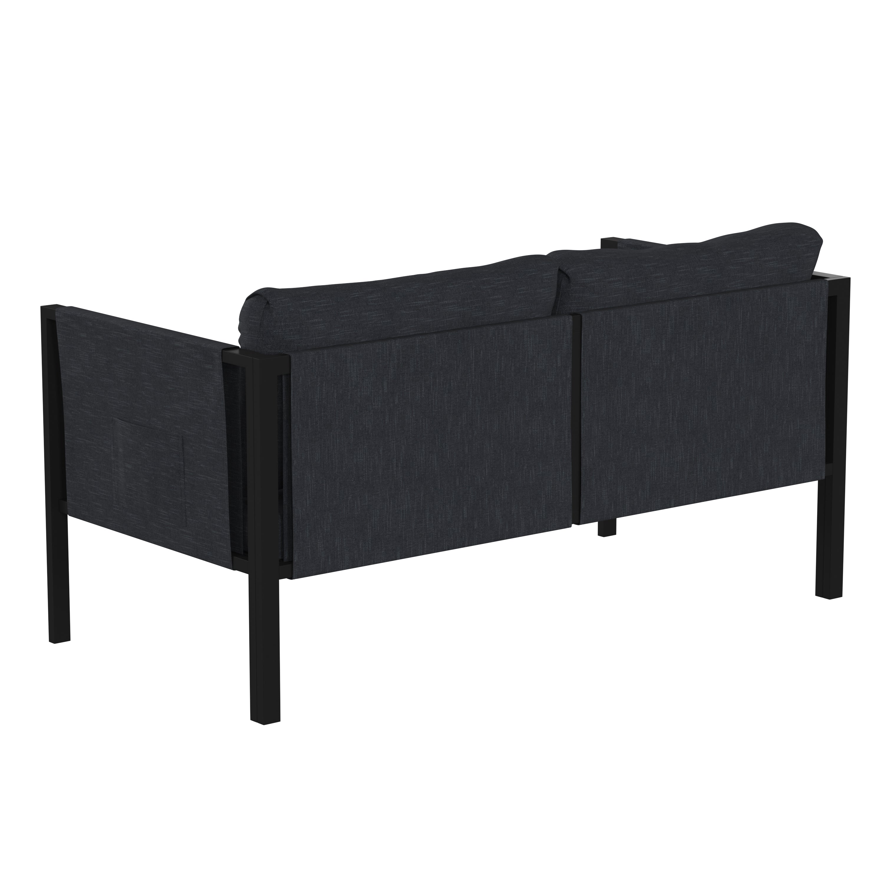 Lea Indoor/Outdoor Loveseat with Cushions - Modern Steel Framed Chair with Storage Pockets, Black with Charcoal Cushions
