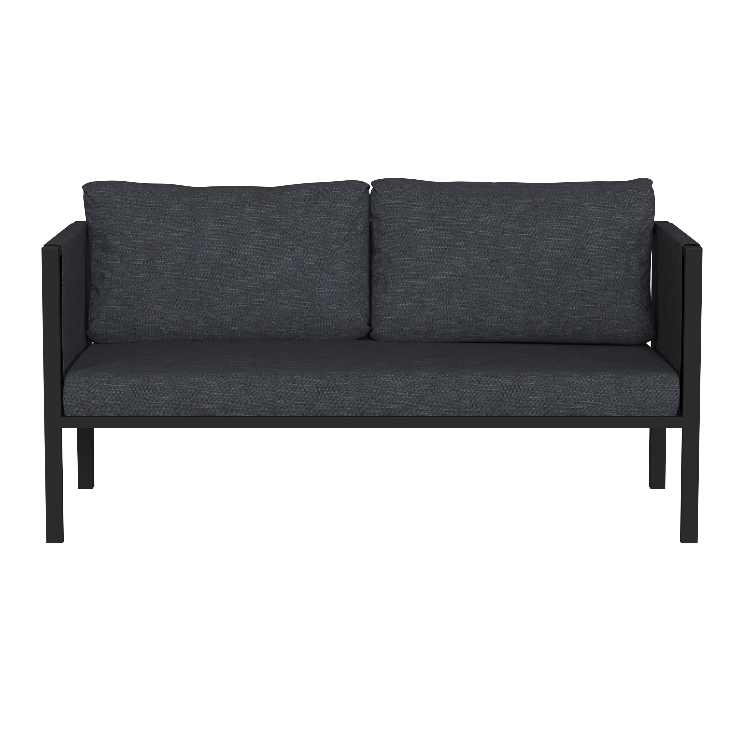 Lea Indoor/Outdoor Loveseat with Cushions - Modern Steel Framed Chair with Storage Pockets, Black with Charcoal Cushions