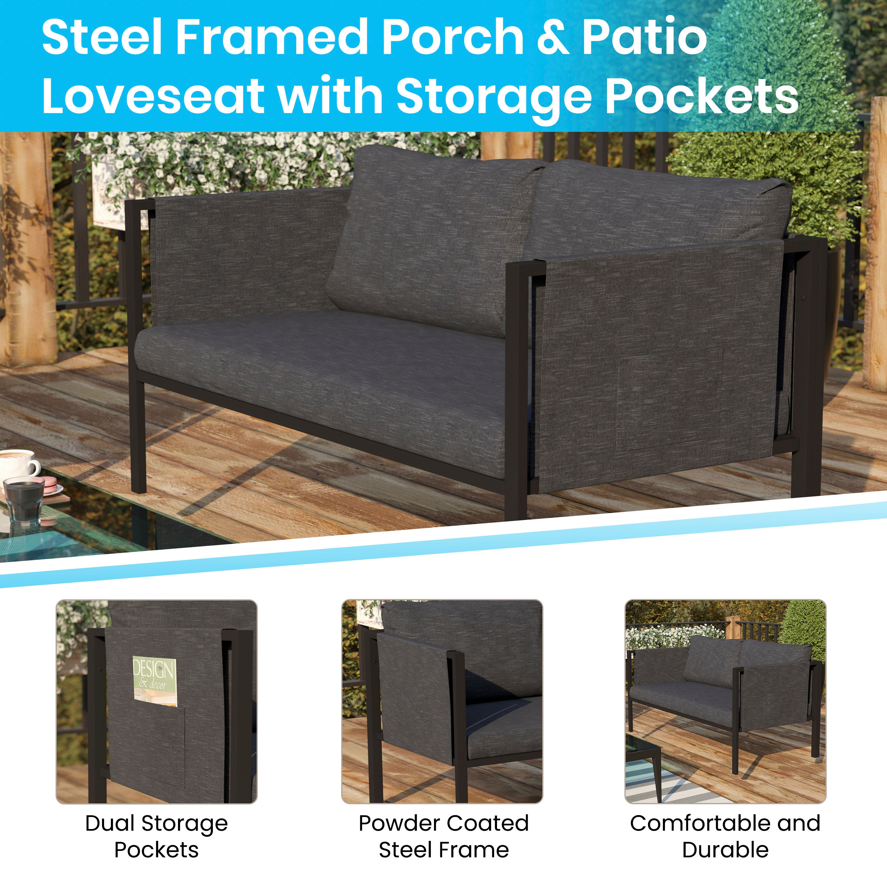 Lea Indoor/Outdoor Loveseat with Cushions - Modern Steel Framed Chair with Storage Pockets, Black with Charcoal Cushions
