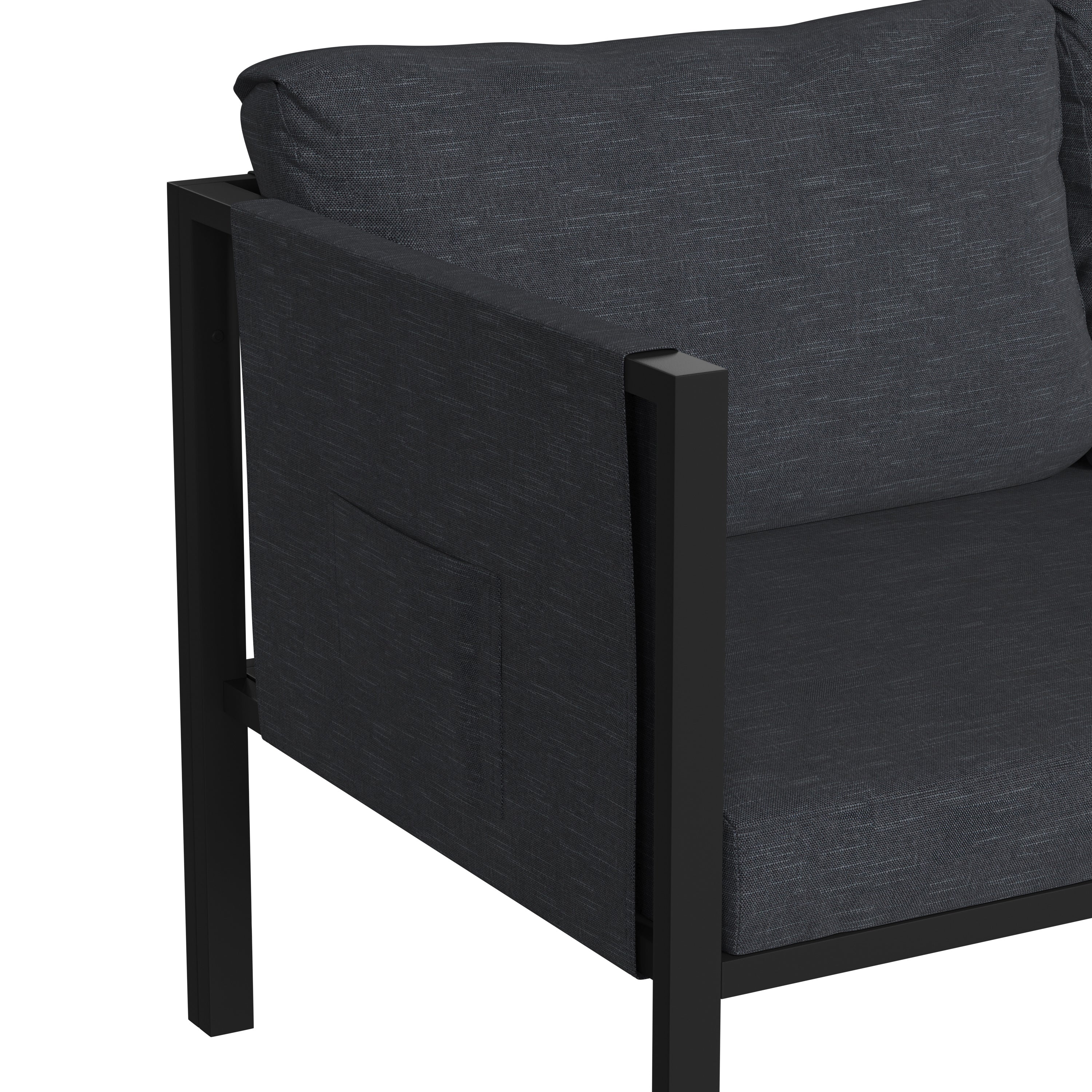 Lea Indoor/Outdoor Loveseat with Cushions - Modern Steel Framed Chair with Storage Pockets, Black with Charcoal Cushions