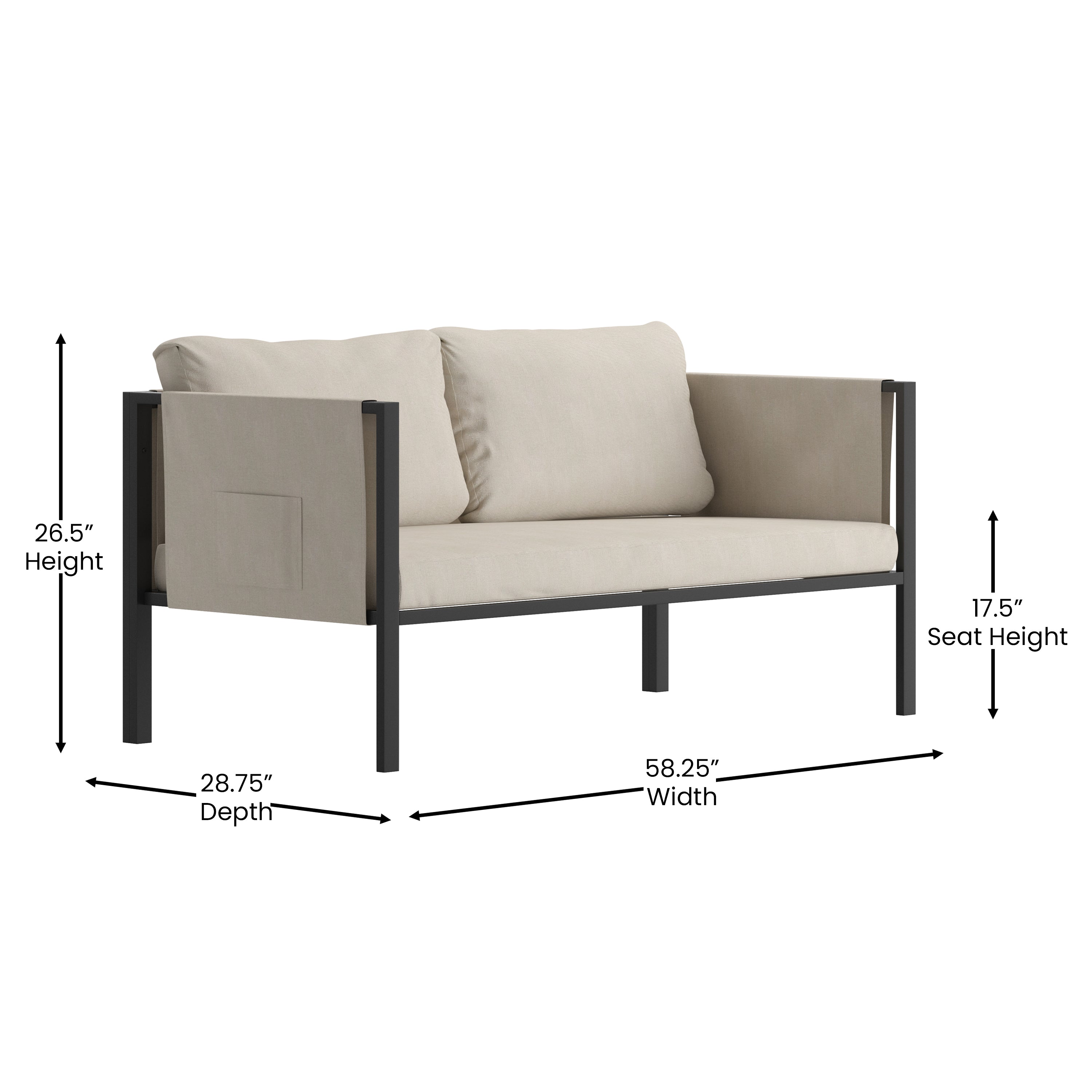 Lea Indoor/Outdoor Loveseat with Cushions - Modern Steel Framed Chair with Storage Pockets, Black with Beige Cushions