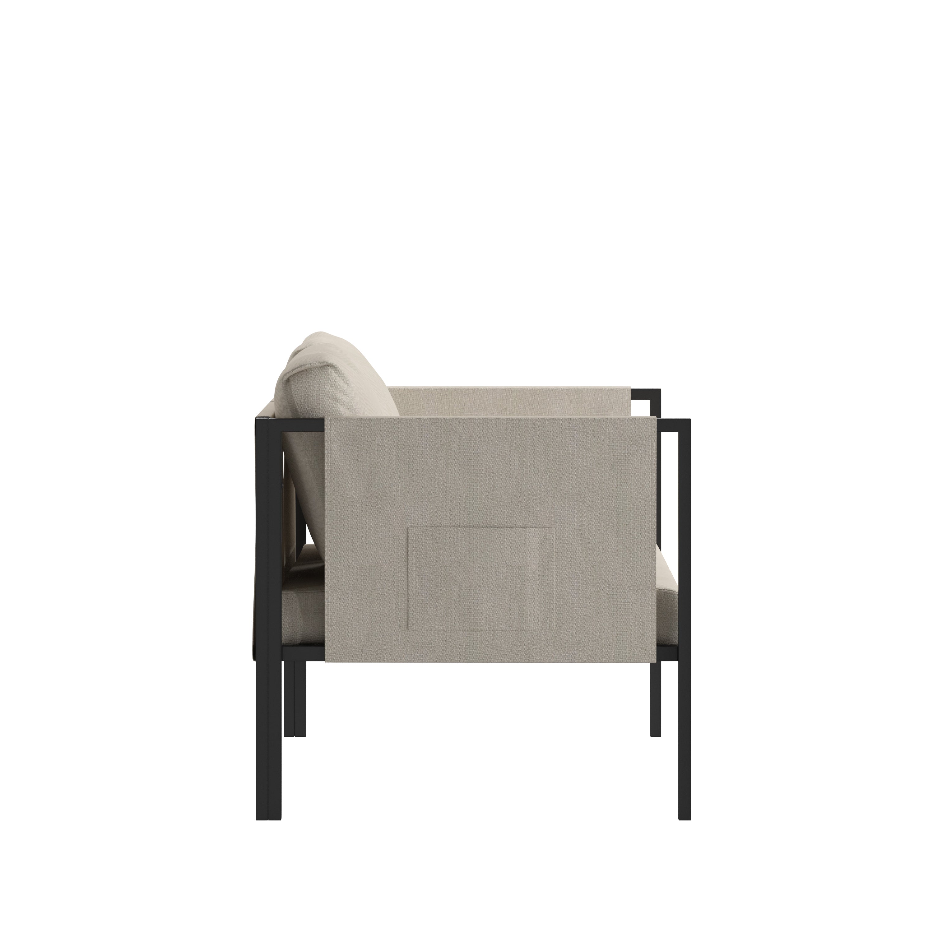 Lea Indoor/Outdoor Loveseat with Cushions - Modern Steel Framed Chair with Storage Pockets, Black with Beige Cushions