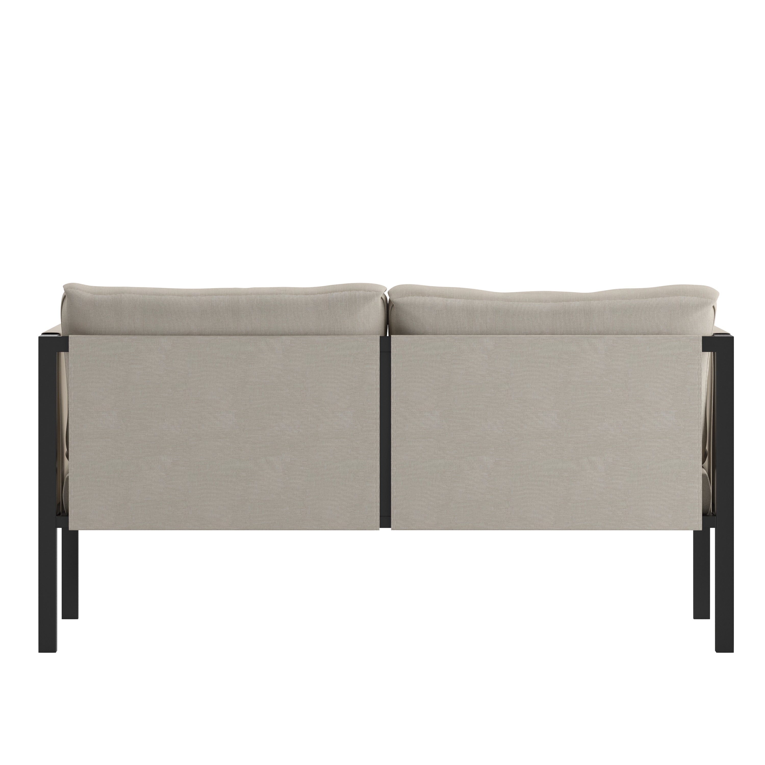 Lea Indoor/Outdoor Loveseat with Cushions - Modern Steel Framed Chair with Storage Pockets, Black with Beige Cushions