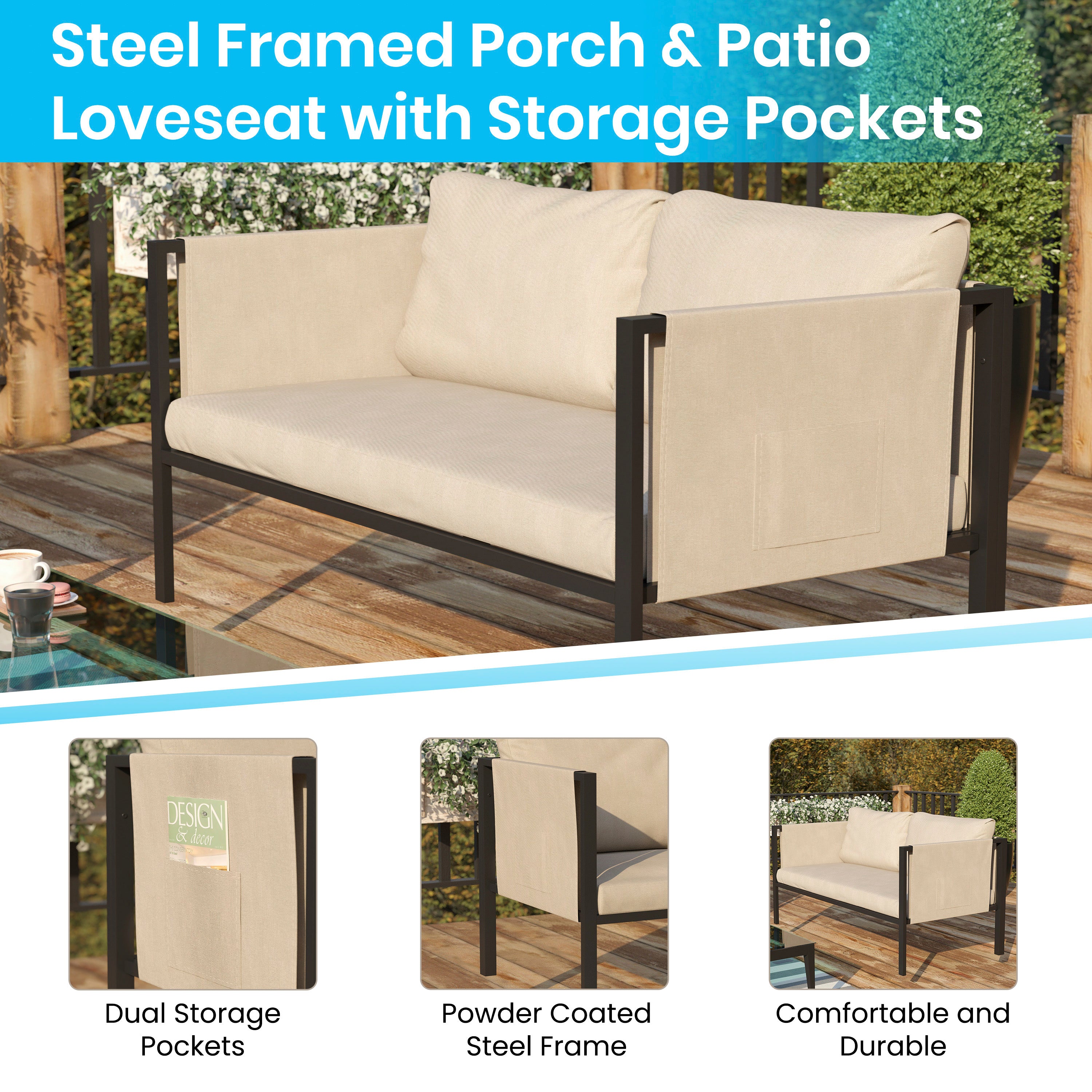Lea Indoor/Outdoor Loveseat with Cushions - Modern Steel Framed Chair with Storage Pockets, Black with Beige Cushions