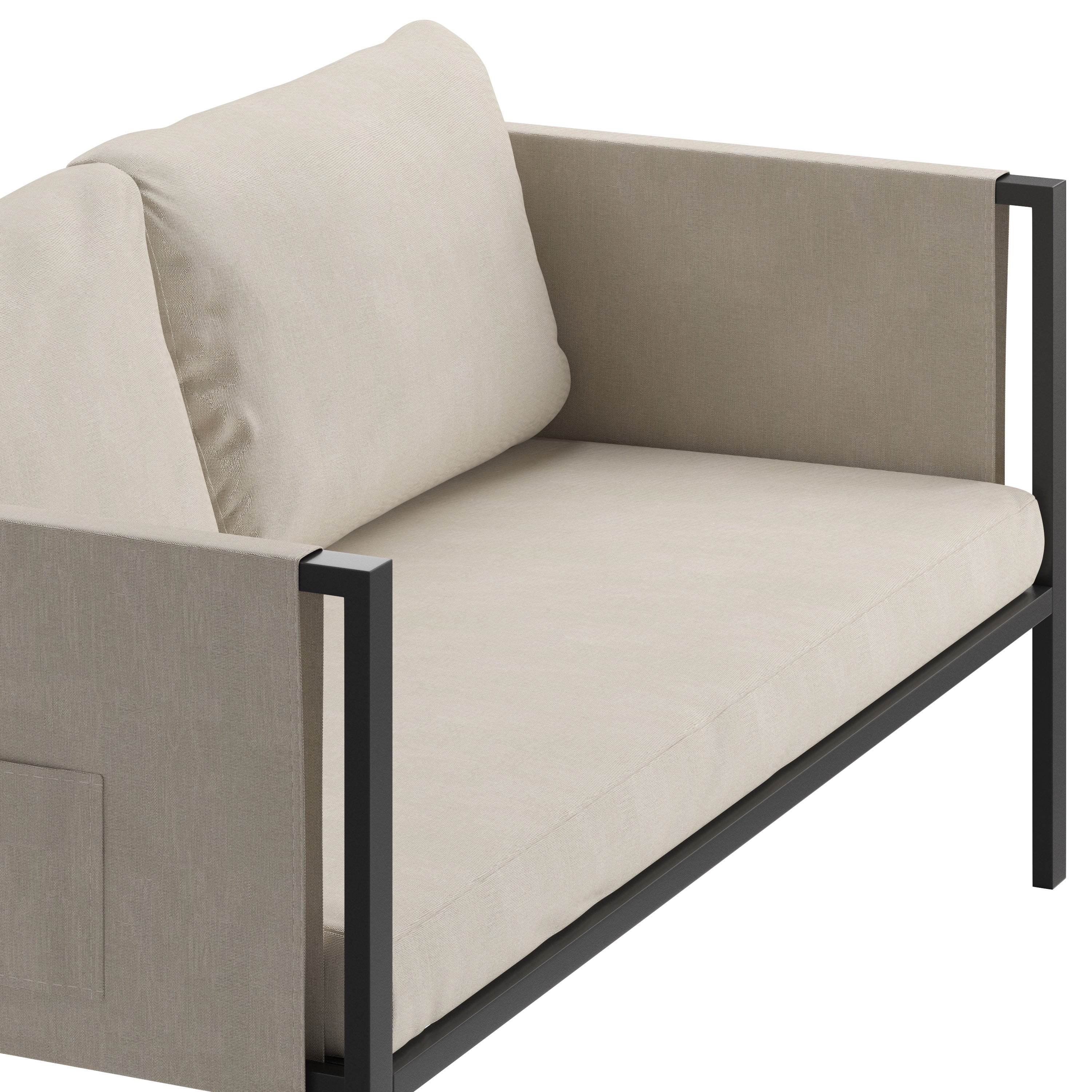 Lea Indoor/Outdoor Loveseat with Cushions - Modern Steel Framed Chair with Storage Pockets, Black with Beige Cushions