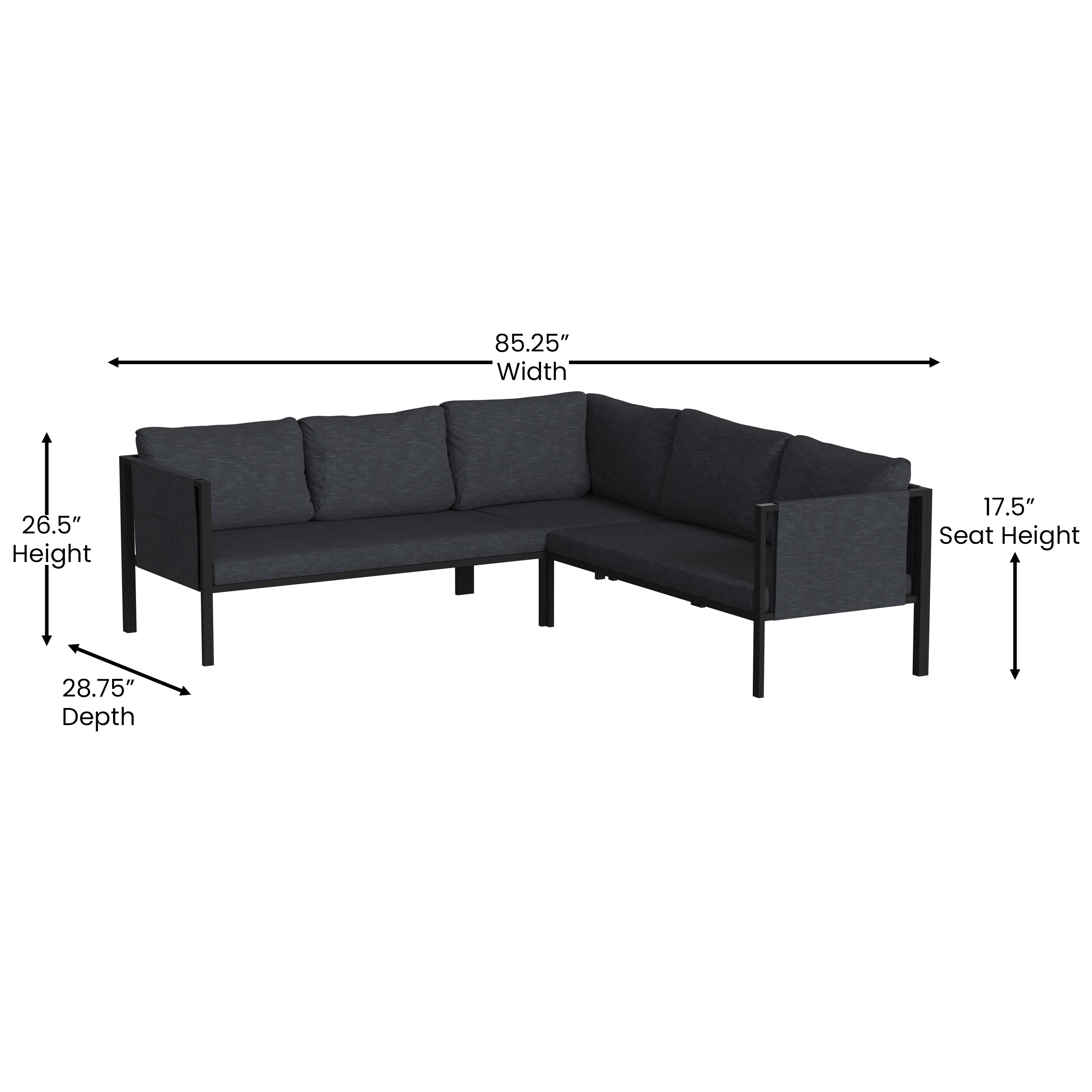 Lea Indoor/Outdoor Sectional with Cushions - Modern Steel Framed Chair with Dual Storage Pockets, Black with Charcoal Cushions
