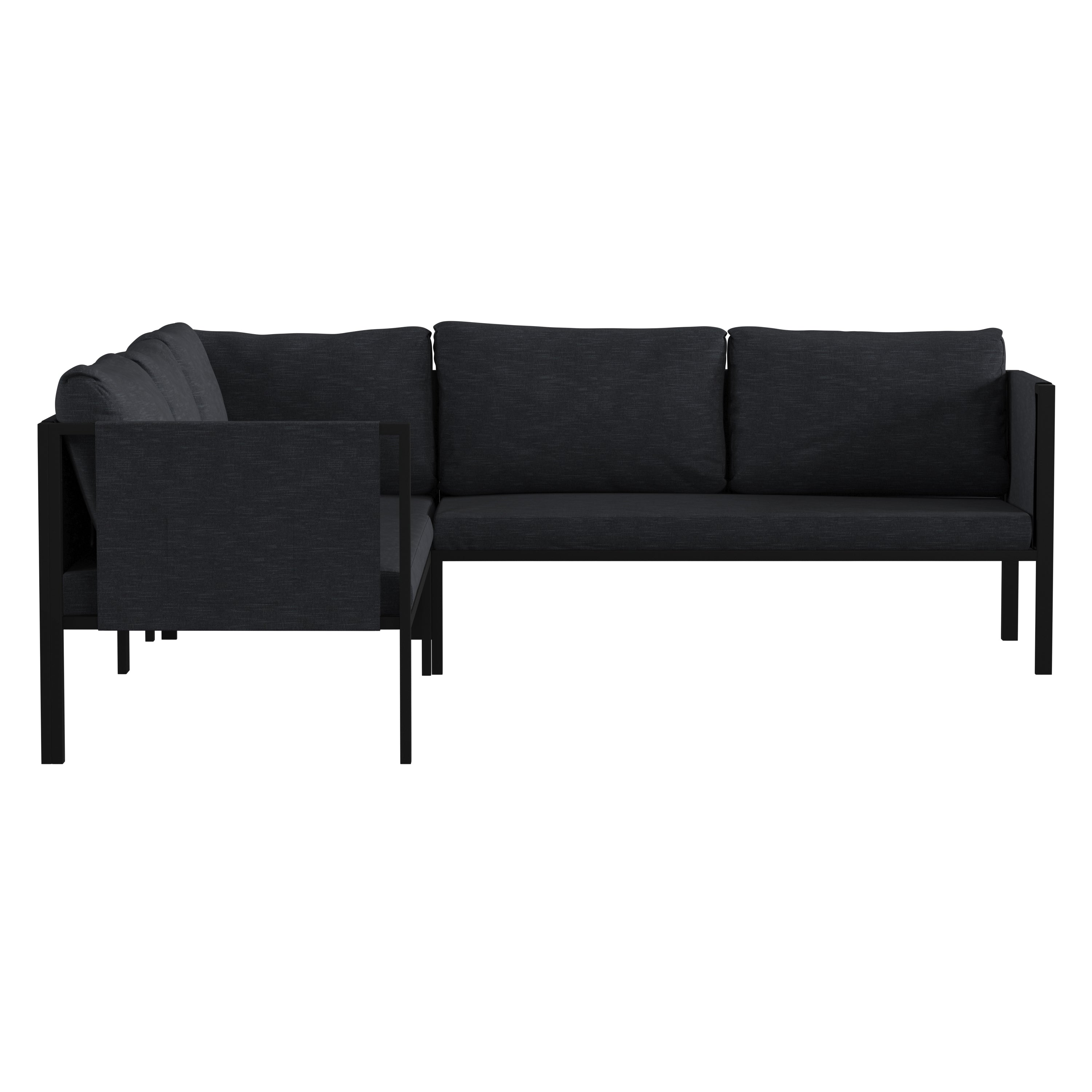Lea Indoor/Outdoor Sectional with Cushions - Modern Steel Framed Chair with Dual Storage Pockets, Black with Charcoal Cushions
