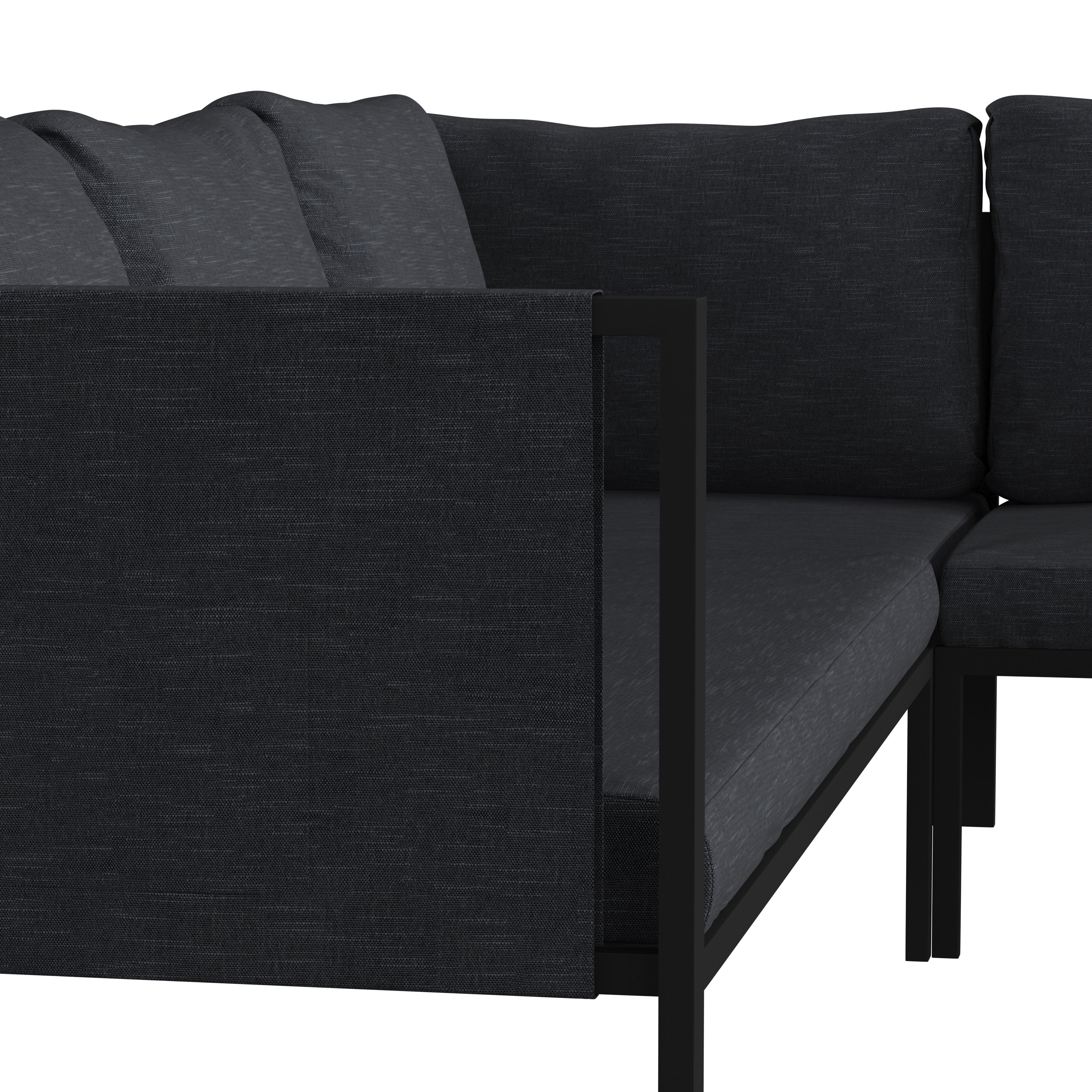 Lea Indoor/Outdoor Sectional with Cushions - Modern Steel Framed Chair with Dual Storage Pockets, Black with Charcoal Cushions